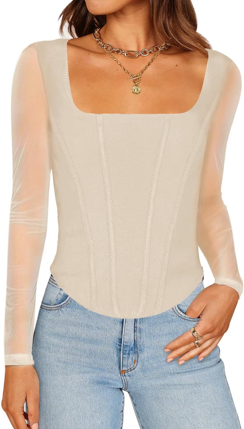 Womens Square Neck Mesh Long Sleeve Tops Bustier Jamaica Ubuy
