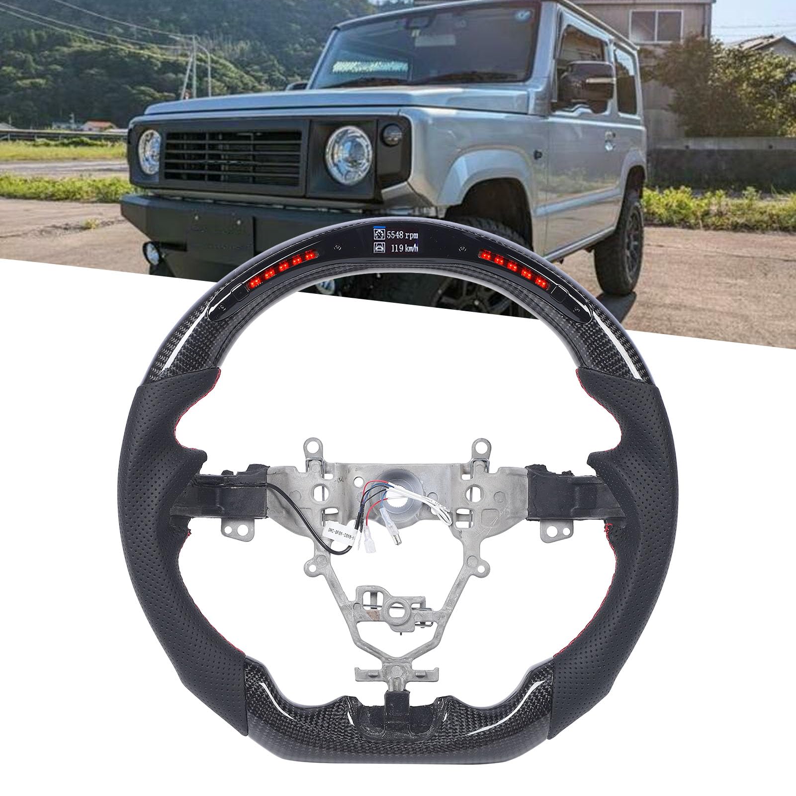 Bediffer Kierownica Wyścigowa LED ze Wskaźnikiem Zmiany Biegów i Wyświetlaczem dla Jimny JB64W JB74W Konstrukcja z Płaskim Dnem z Prawdziwego Włókna Węglowego