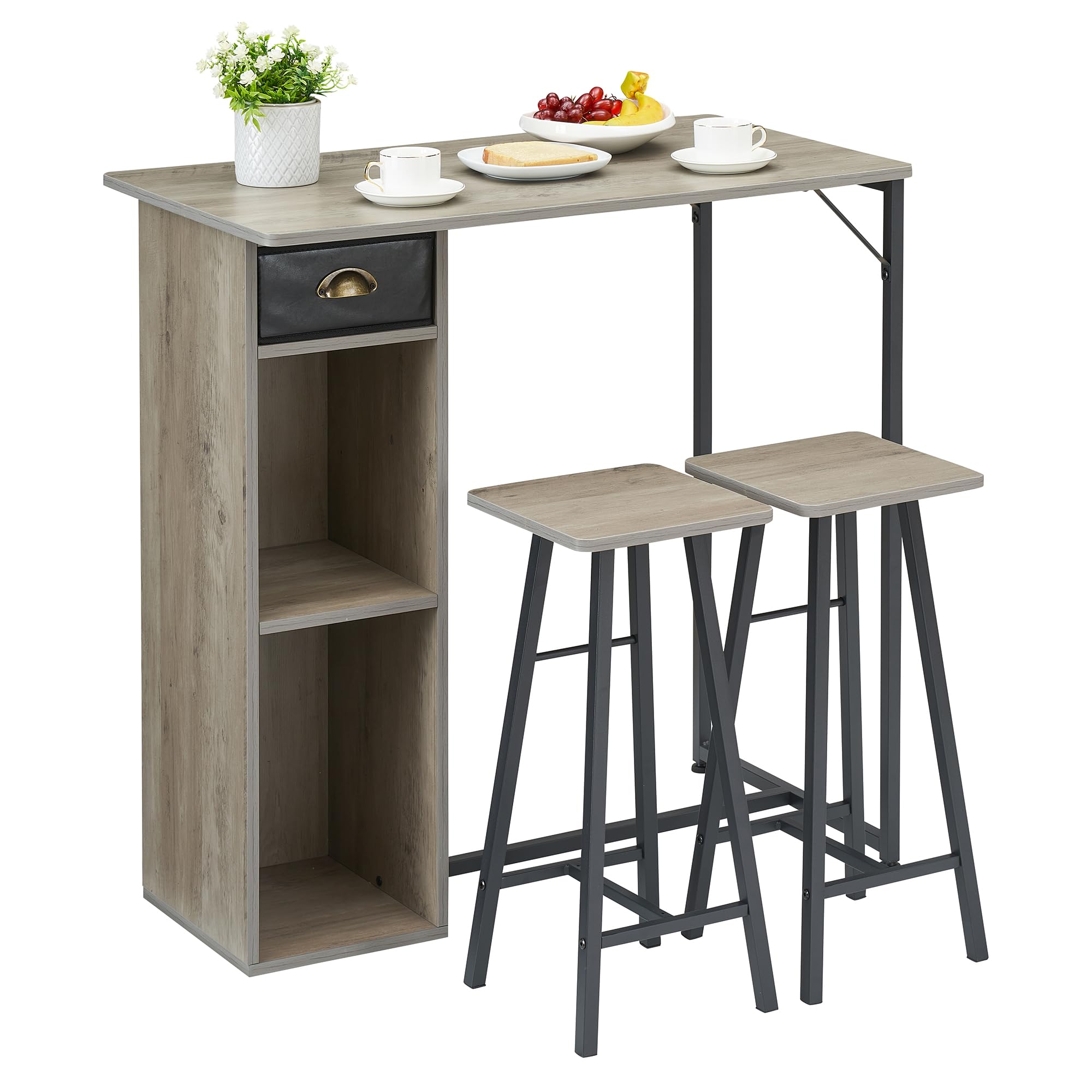 Garvee Con 1 Caja 02 Modelo 1+2 Set De Mesa Alta y Taburetes con Almacenamiento, Mesa Cocina, Mesa Alta Cocina, Diseño De Tela Gris