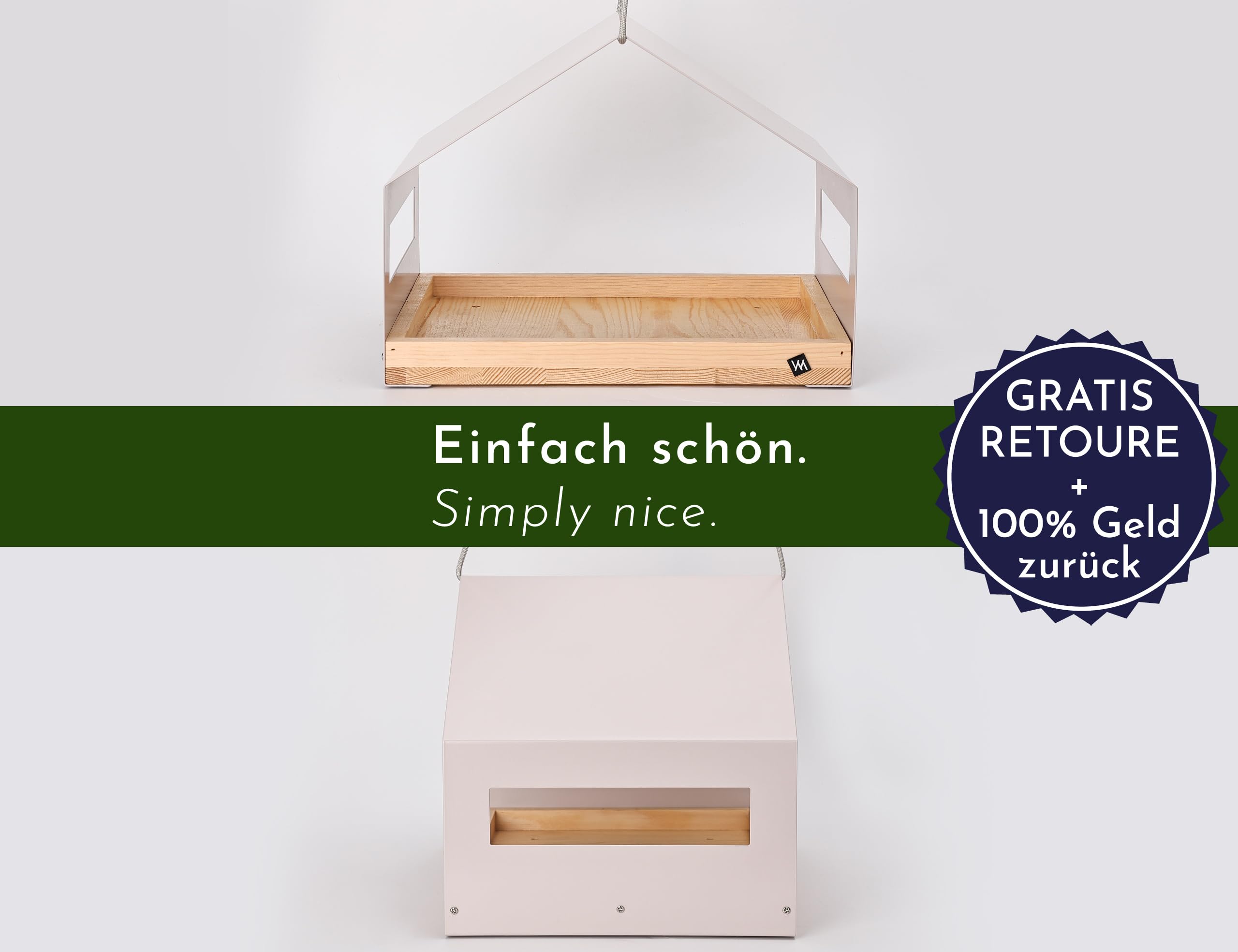 Großes Design Vogelhaus aus Metall und Holz wetterfest zum Aufhängen, modernes Vogelfutterhaus XL Metalldach hängend, Vogelhäuschen Futterhaus für Vögel, Edelstahl Kiefer, grau-beige