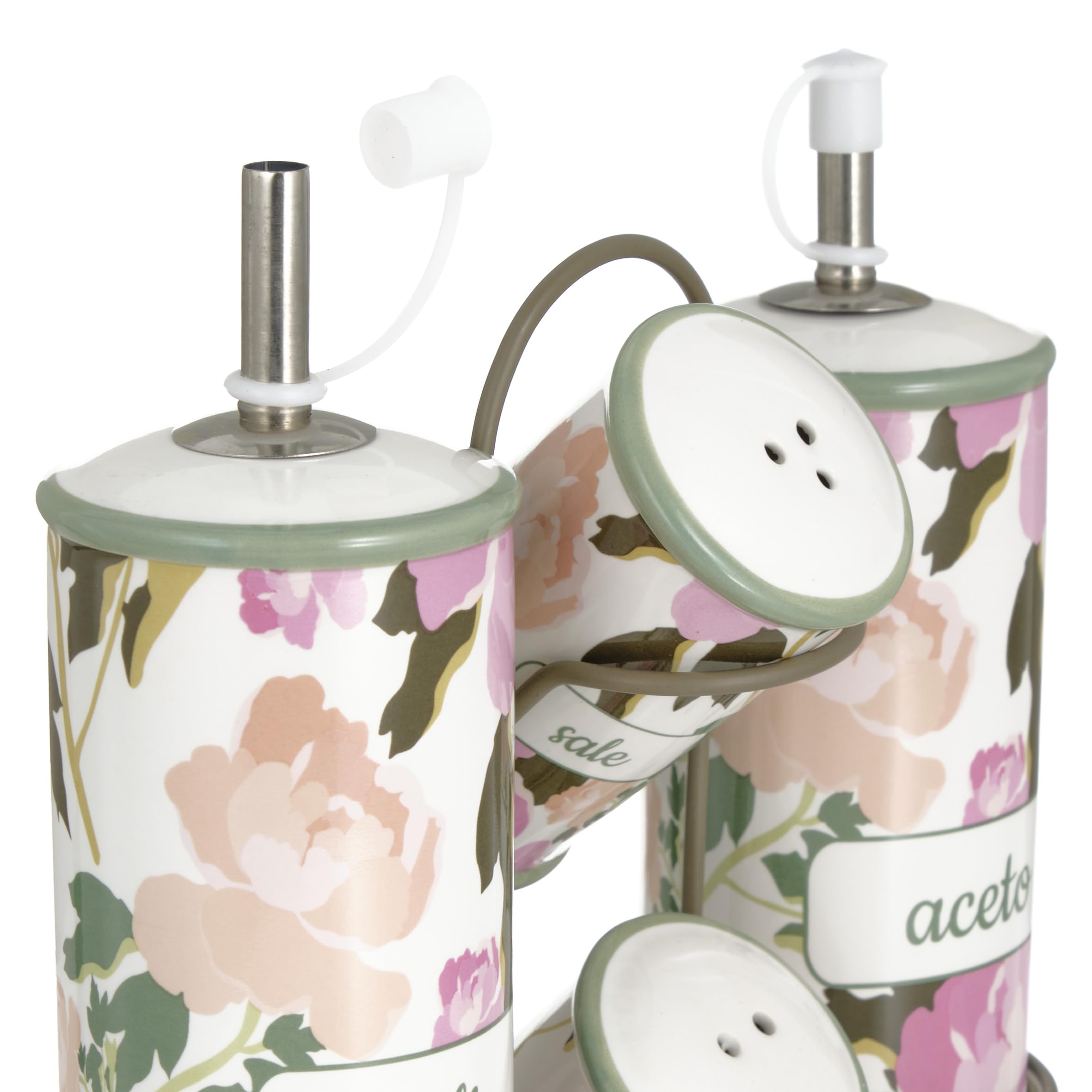 Baroni Home Menage Olio Aceto Sale Pepe in Ceramica con Stand in Metallo, Accessorio da Cucina Colorato Resistente, Linea Rose, 21X8X22cm