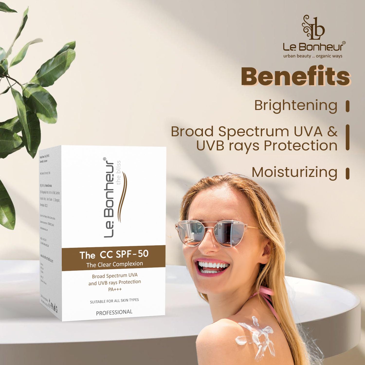 Le Bonheur CC Cream SPF 50 PA+++ Daily Tone-Enhancing Face Base, Sheer Coverage Complexion Corrector and Sun Shield Fluid for Natural Looking Glow, Unisex, 50ml