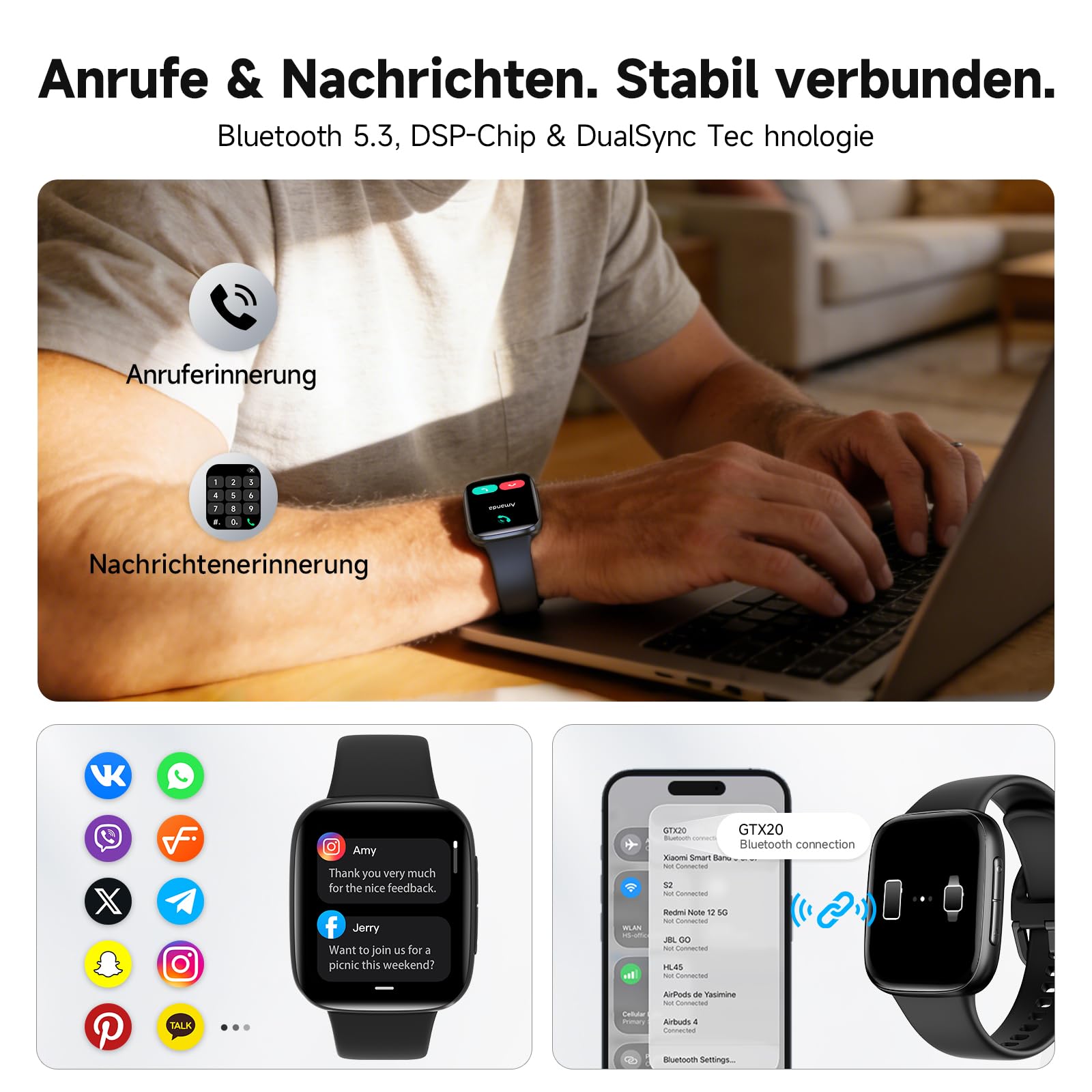 Smartwatch Damen, AMOLED 1,85" Smart Watch für iPhone/Samsung/Android(Telefonfunktion), Fitness Tracker mit integriertem Alexa, 110 Sportmodi, IP68 Wasserdicht, Pulsmesser Schlafmonitor, Schrittzähler