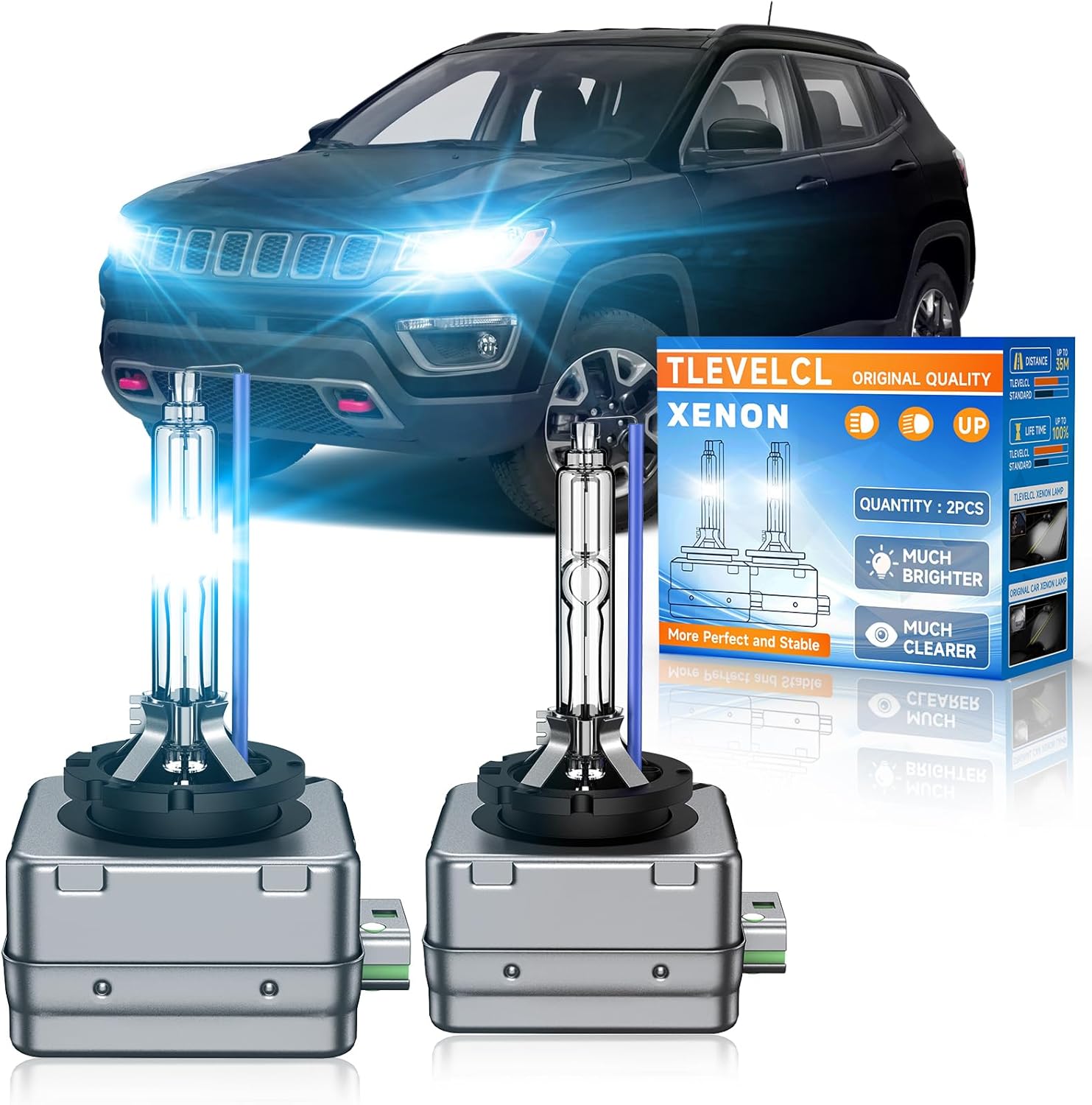 Fit for Jeep 2014-2021 Grand Cherokee 2017-2021 Compass 2014-2019 Cherokee D3S HID Xenon Headlight Bulbs, Upgraded 35W High Low Beam Bi-Xenon Light Bulb Replace, 8000K White Blue, Pack of 2
