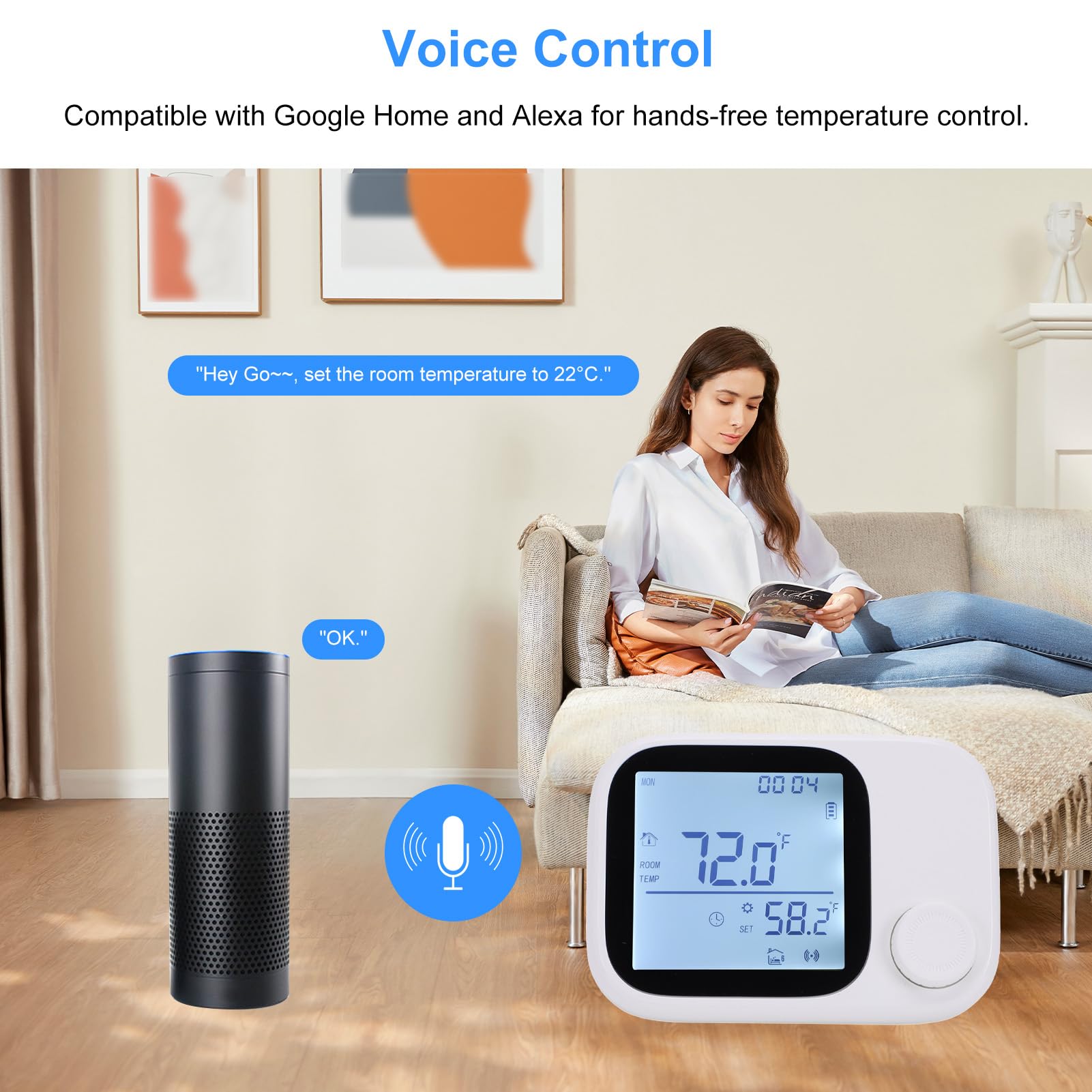 Fockety Intelligentes Thermostat für Zuhause, APP Steuerung, Sprachassistent, WiFi, Programmierbarer Digitaler Thermostat, Funktioniert mit Intelligentem Sensor, LCD Farbbildschirm, (White)