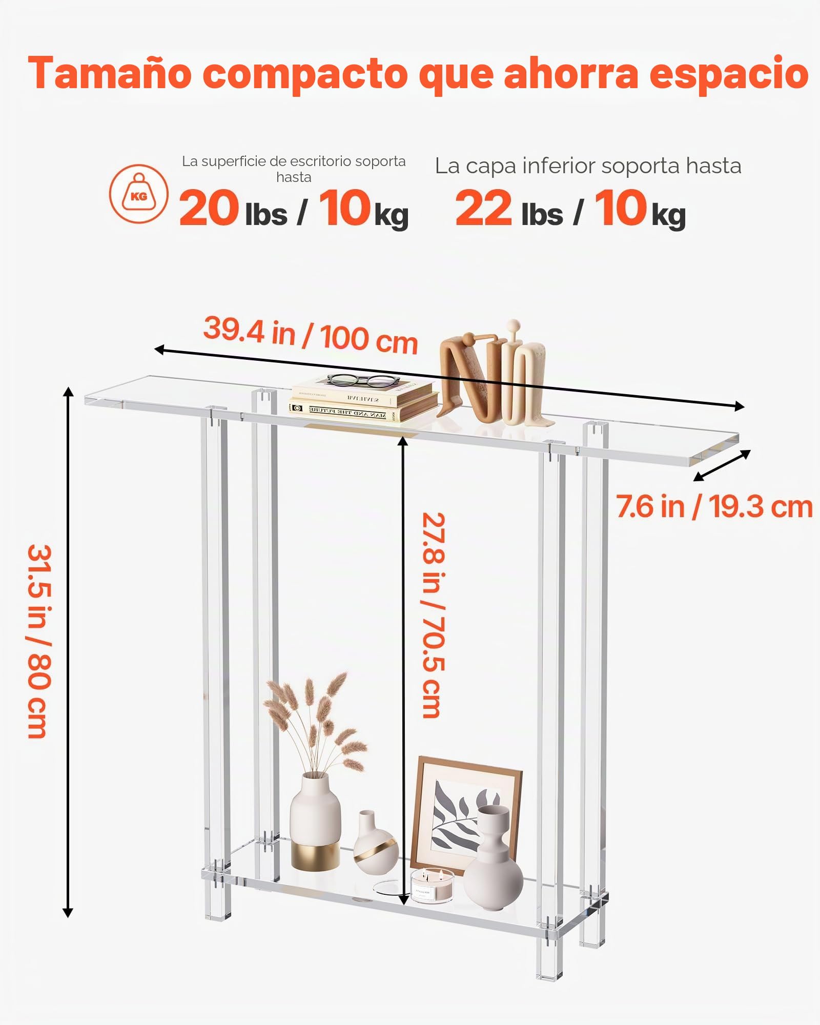 VEVOR Mesa Auxiliar de Acrílico de 2 Niveles, Mesita Lateral Estrecha 19,3 x 100 x 80 cm, Mesita de Noche Rectangular Carga de 10 kg, para Recibidor, Pasillo, Sala de Estar, Entrada, Transparente