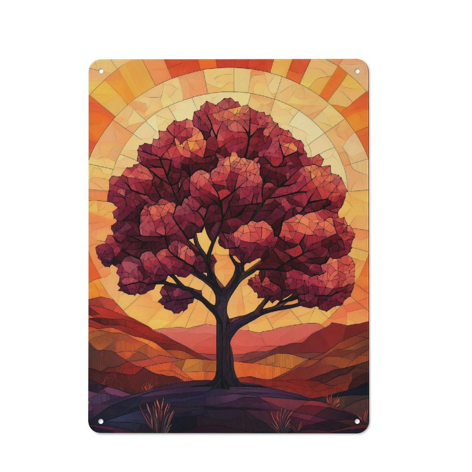 Junmoney Style-14 Tin Wall Plaque 40X30cm With Tree Silhouette Sunset Stanied Glass For Workshop Wall, Housewarming Wall Decor For People Furnishing Workshop