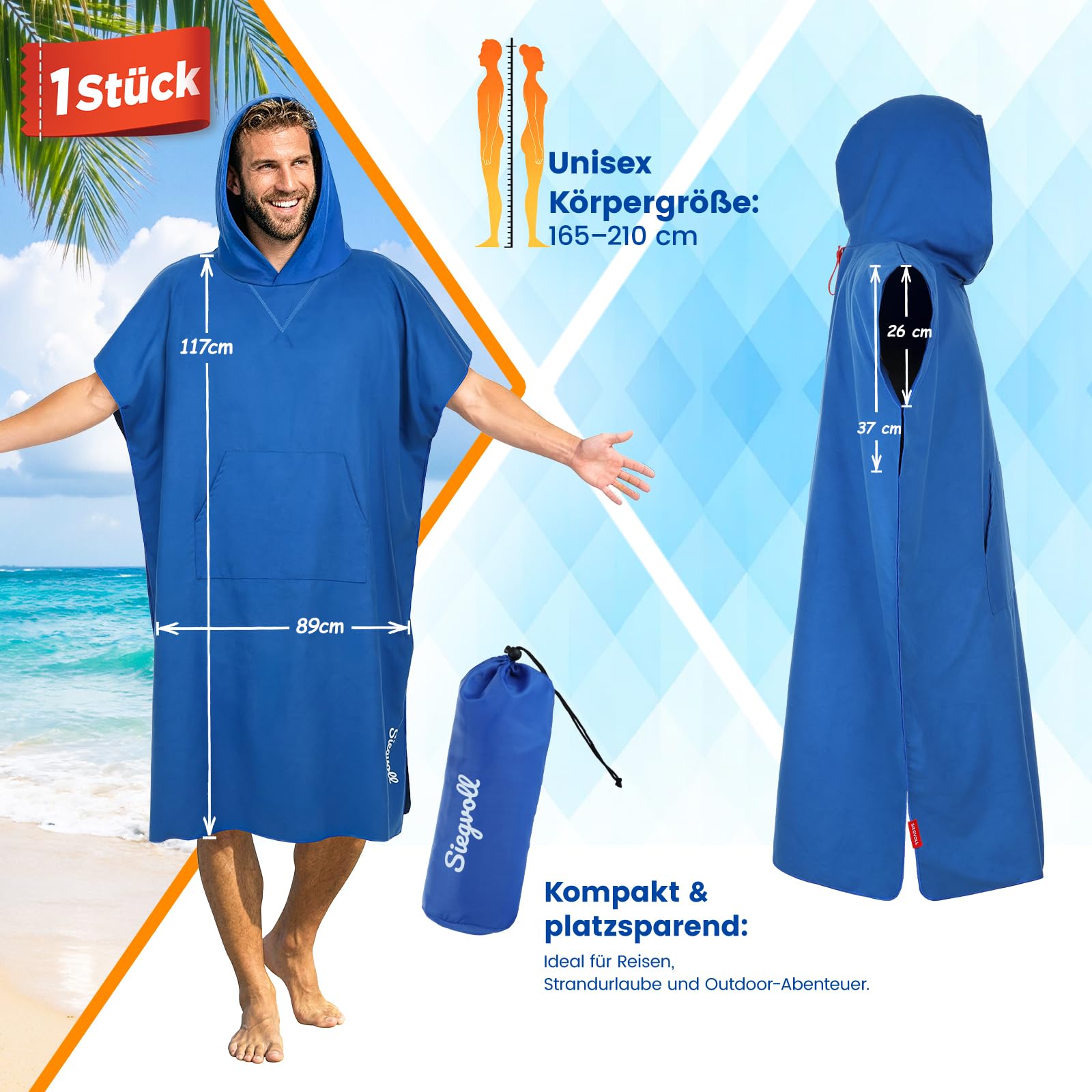 Siegvoll Poncho de Baño de Microfibra para Hombre y Mujer – Poncho de Surf Adulto de Secado Rápido y Compacto – Toalla Poncho con Capucha Cortavientos – Cambiador Portátil para Playa y Deportes Acuáti