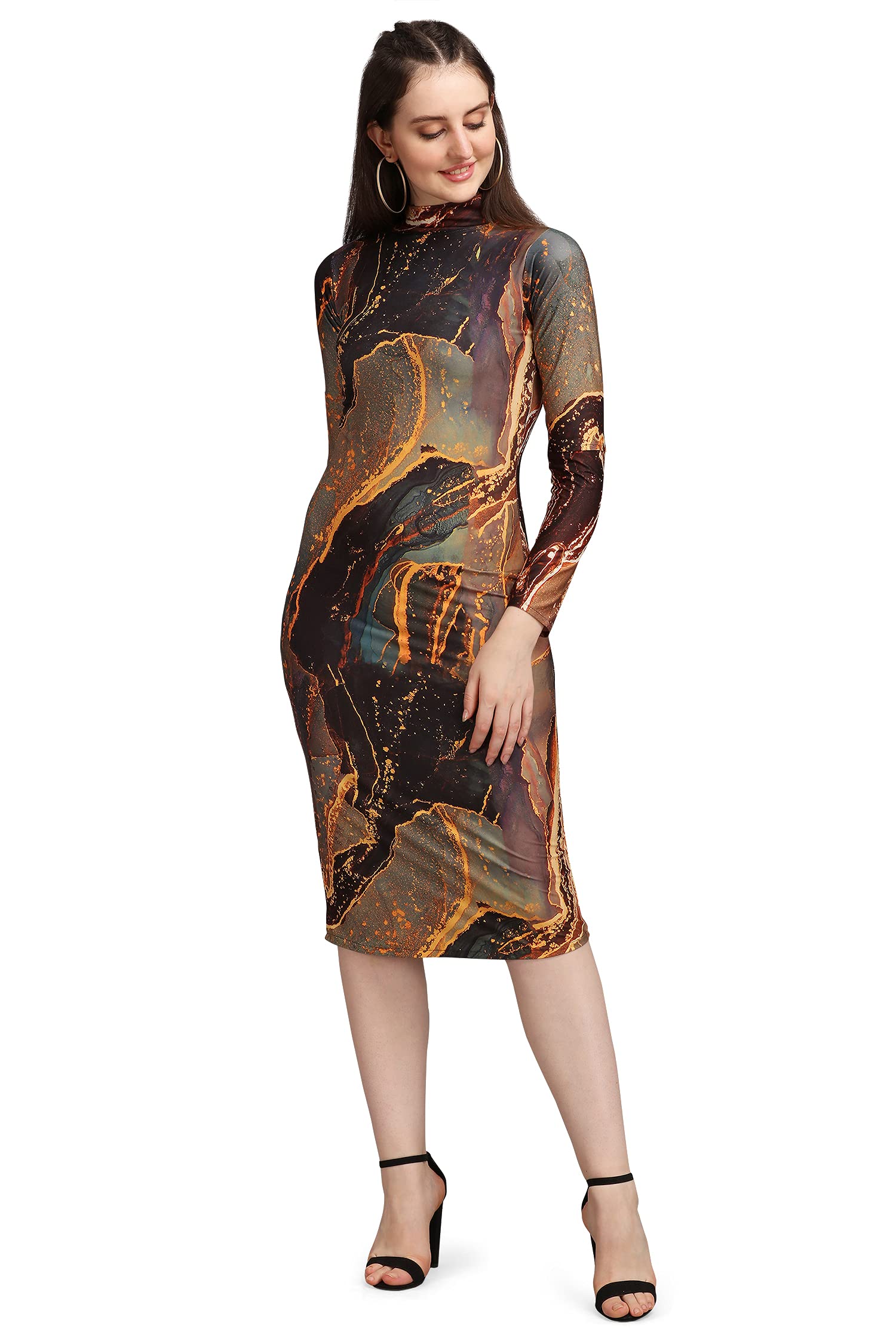 Purvaja Women's Polyester Blend Bodycon Knee Length Cocktail Dress (Siri-Turtle-Brown-M