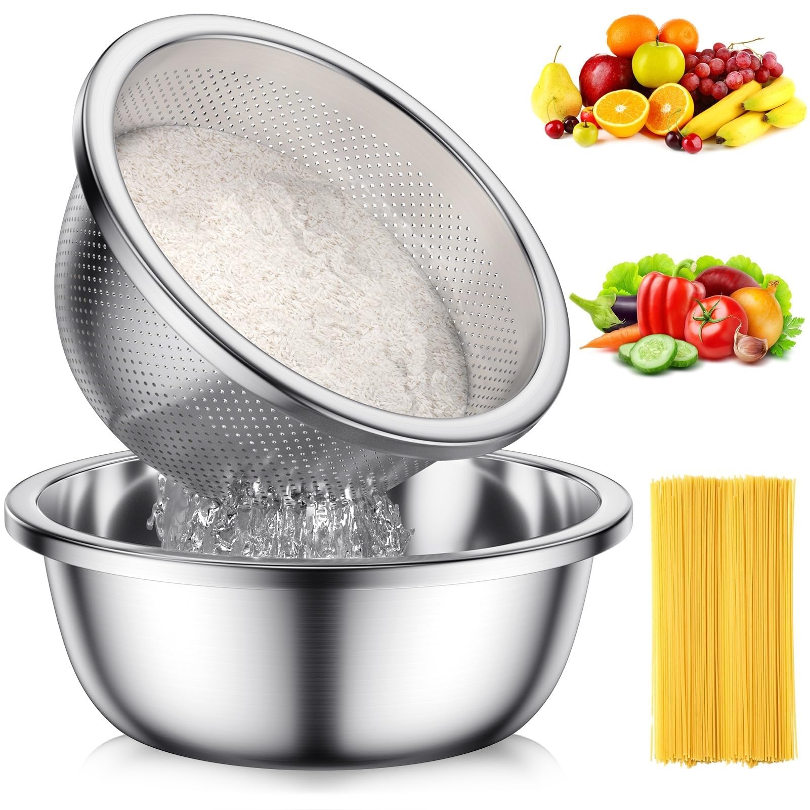 Colador De Arroz De Acero Inoxidable Colador de acero inoxidable con tazón for mezclar, juego colador 2 uds for lavar y escurrir arroz, frutas, verduras, fideos, Pasta cocida(22cm)