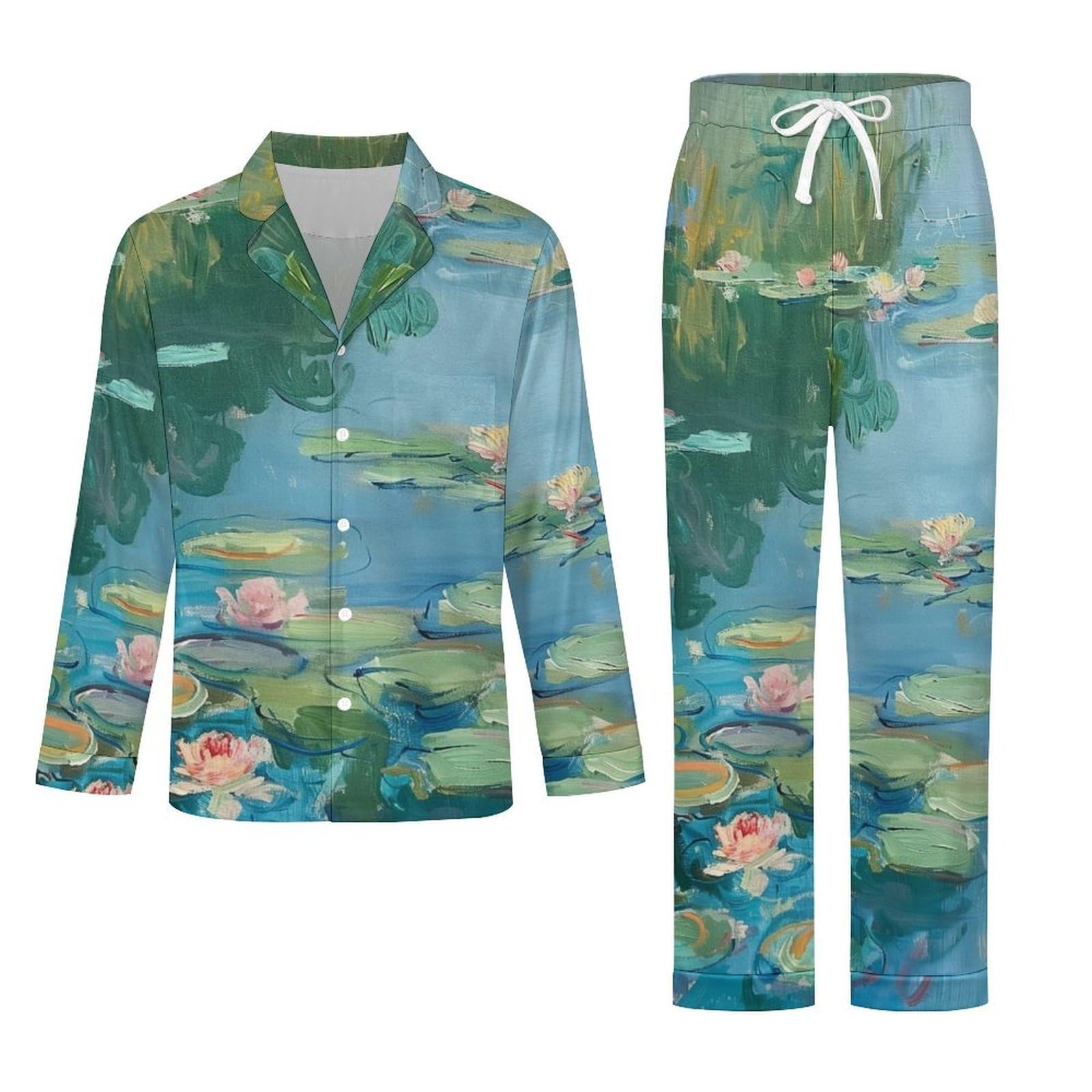 Completo Pigiama da Uomo 2 Pezzi - Paesaggio di Loto Pigiama A Maniche Lunghe Abbigliamento da Casa 2 Pezzi Top + Pantaloni Morbido E Caldo Pigiama Autunnale E Invernale