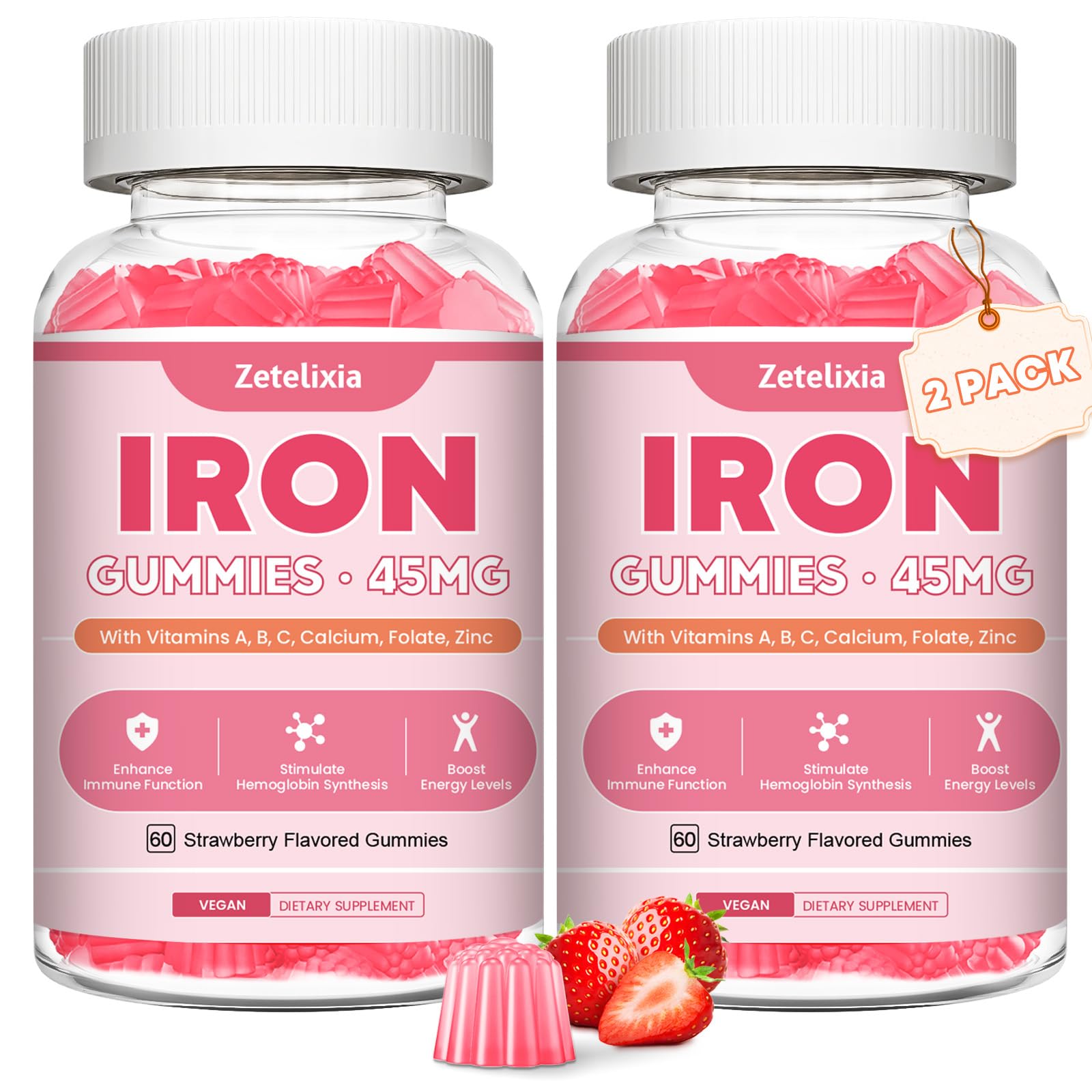 Vegan 2 Pack Iron Supplement Gummies for Women & Men, Anemia, Blood Builder & Energy Support for Iron Deficiency, with Vitamin C, A, B Complex, Folate, CoQ10, Sugar Free, Non-GMO, 120 Count