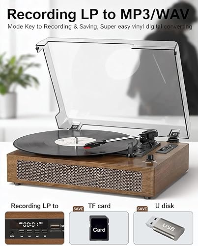 Miniatura 7 de Reproductor de discos de vinilo de tamaño extendido con reproducción Bluetooth, altavoces integrados, grabación USB, pantalla LED, tocadiscos de 3