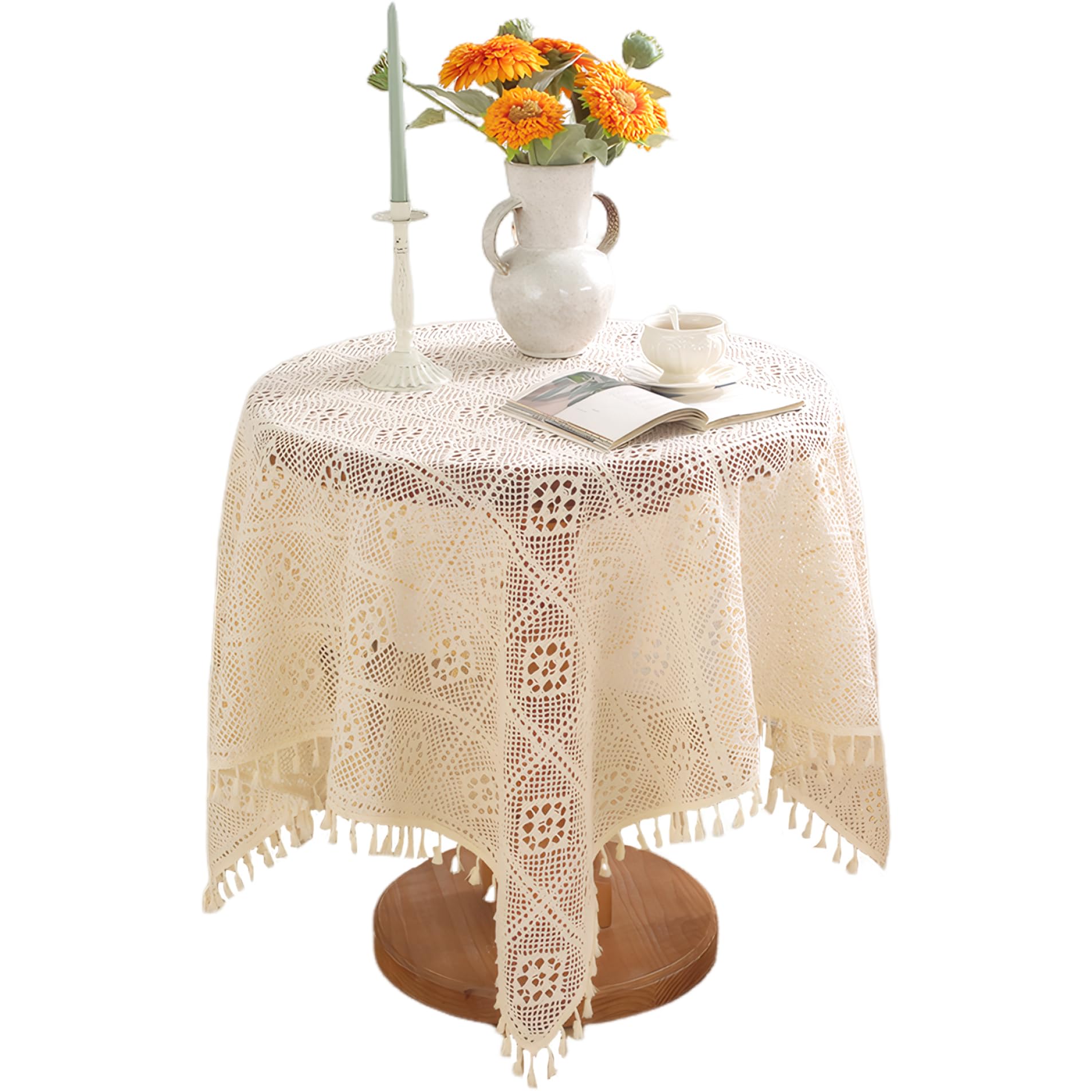 Syglawnd 60 * 60 Cm Lace Tablecloth, Lace Tablecloth 24X24 Inch Hollow Vintage Round With Tassels Cotton Coffee Table Cloth For Home Dining Table Party Wedding Banquet Decoration, White
