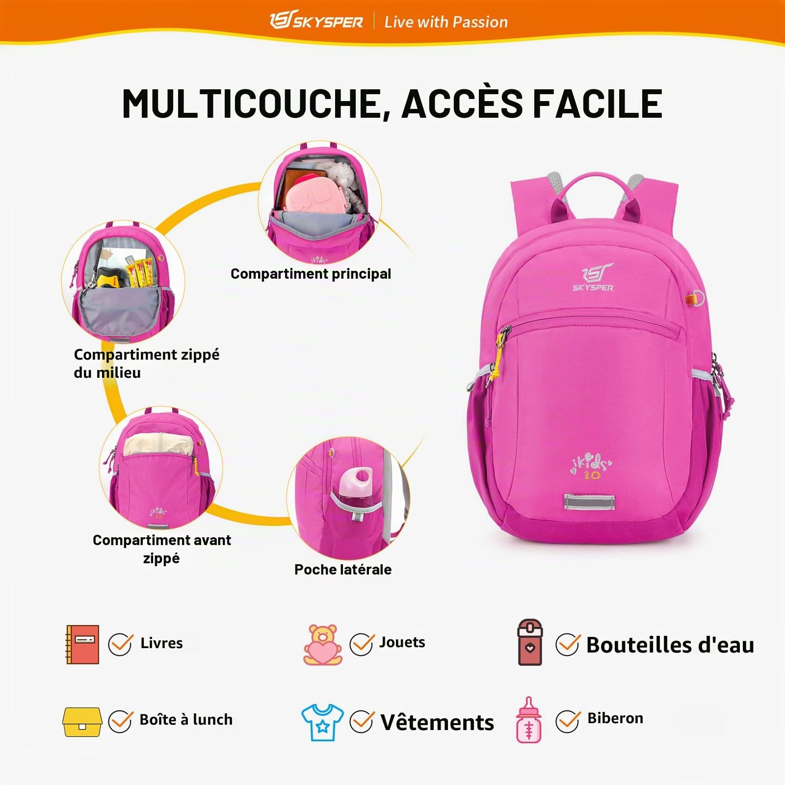 SKYSPER Sac à dos pour enfants 10 L – Sac à dos de randonnée | Sac à dos avec sangle de poitrine confortable sac à dos de voyage avec boussole, randonnée, plein air, voyages