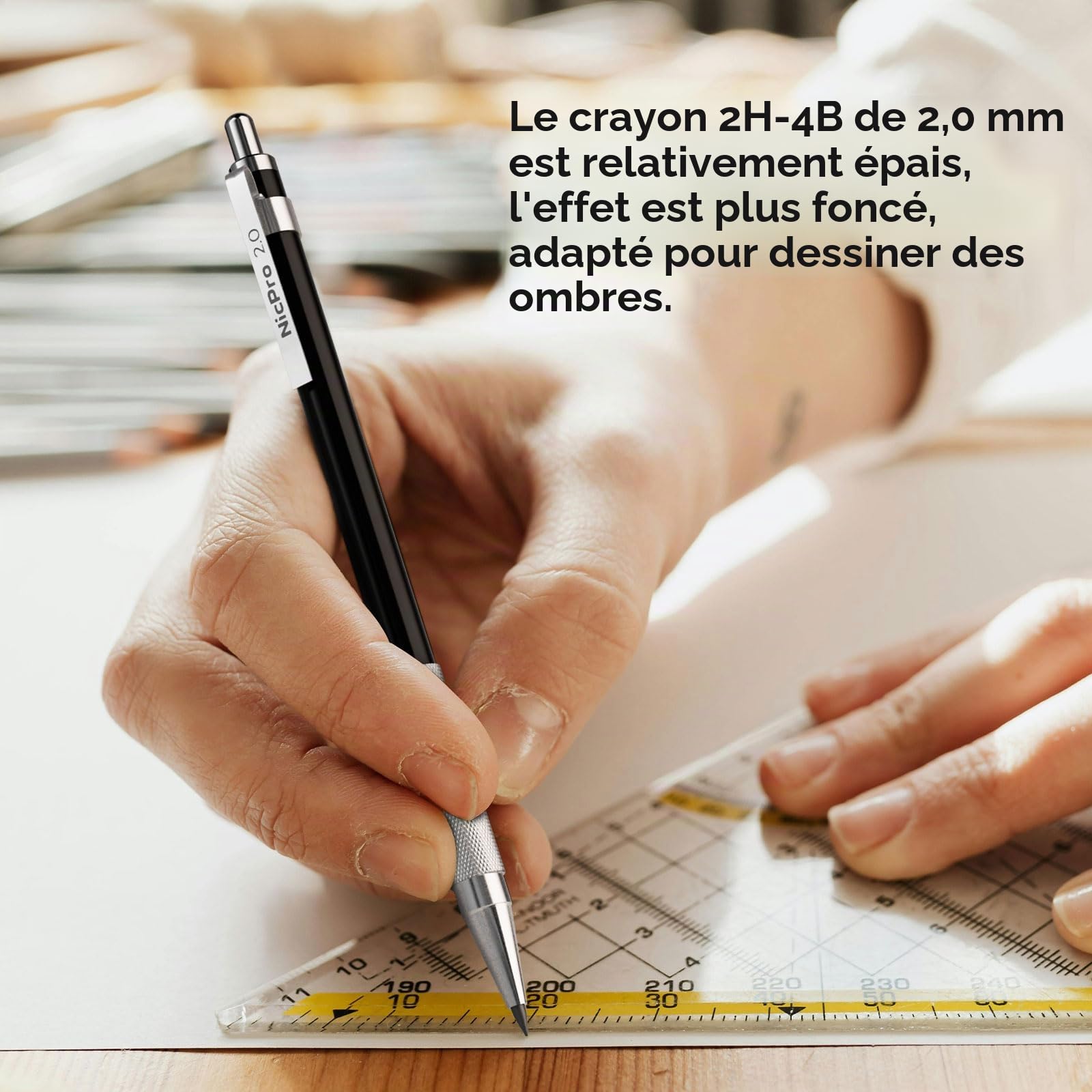 Nicpro 6 pièces crayons mécaniques avec étui en cuir, porte mines de 0,3 mm, 0,5 mm, 0,7 mm, 0,9 mm et 2 mm pour croquis et écriture, criterium avec 18 tubes de recharges (couleurs 6B 4B 2B HB 2H 4H)