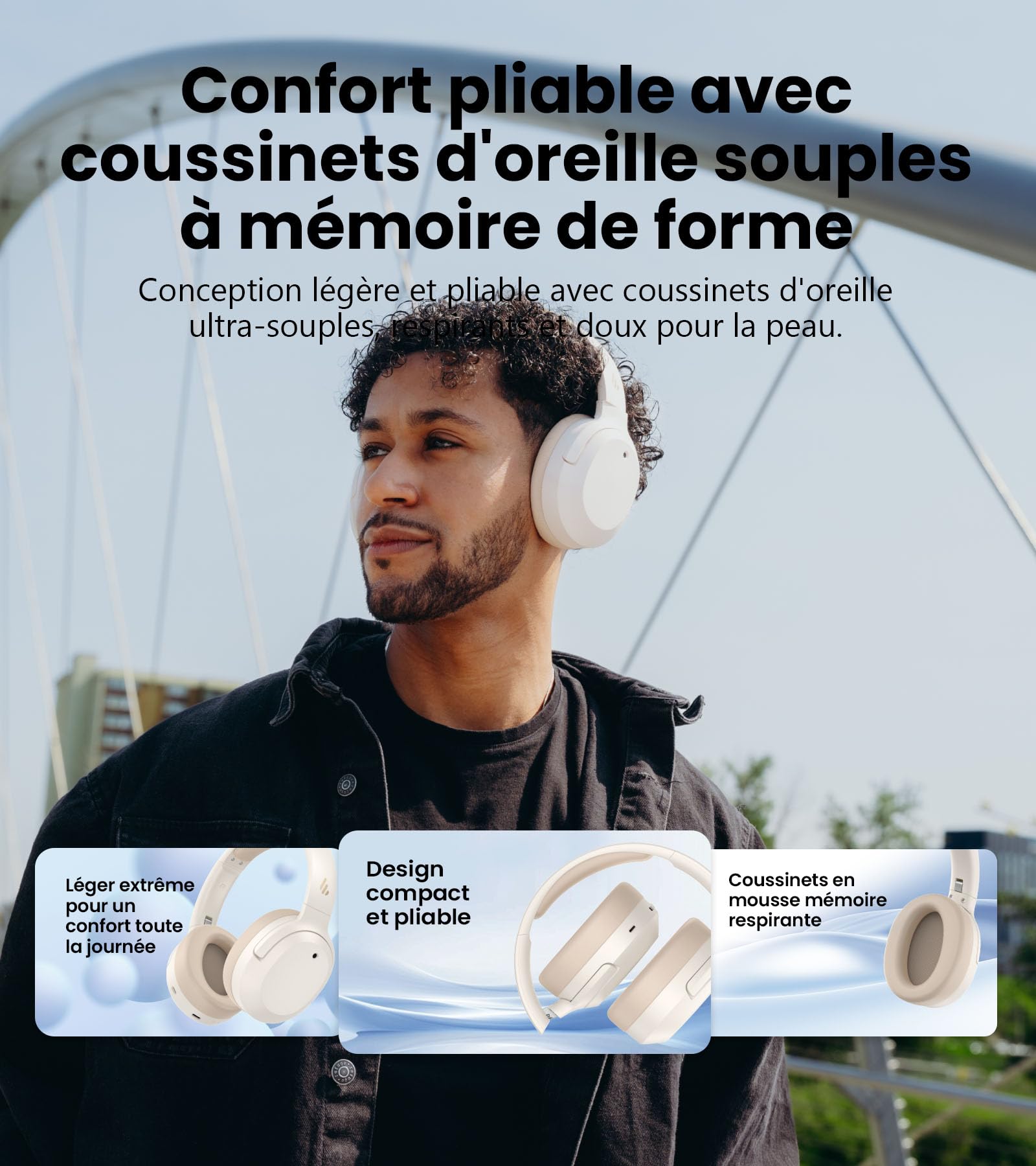 Edifier W820NB Plus Gen 2-Casque Audio Over-Ear Sans Fil Pliable à Réduction de Bruit(ANC -49 dB), LDAC Hi-Res, Autonomie 88h, Son Spatial, Appels Clair AI, Bluetooth V6.1, Multipoint Connexion-Ivoire
