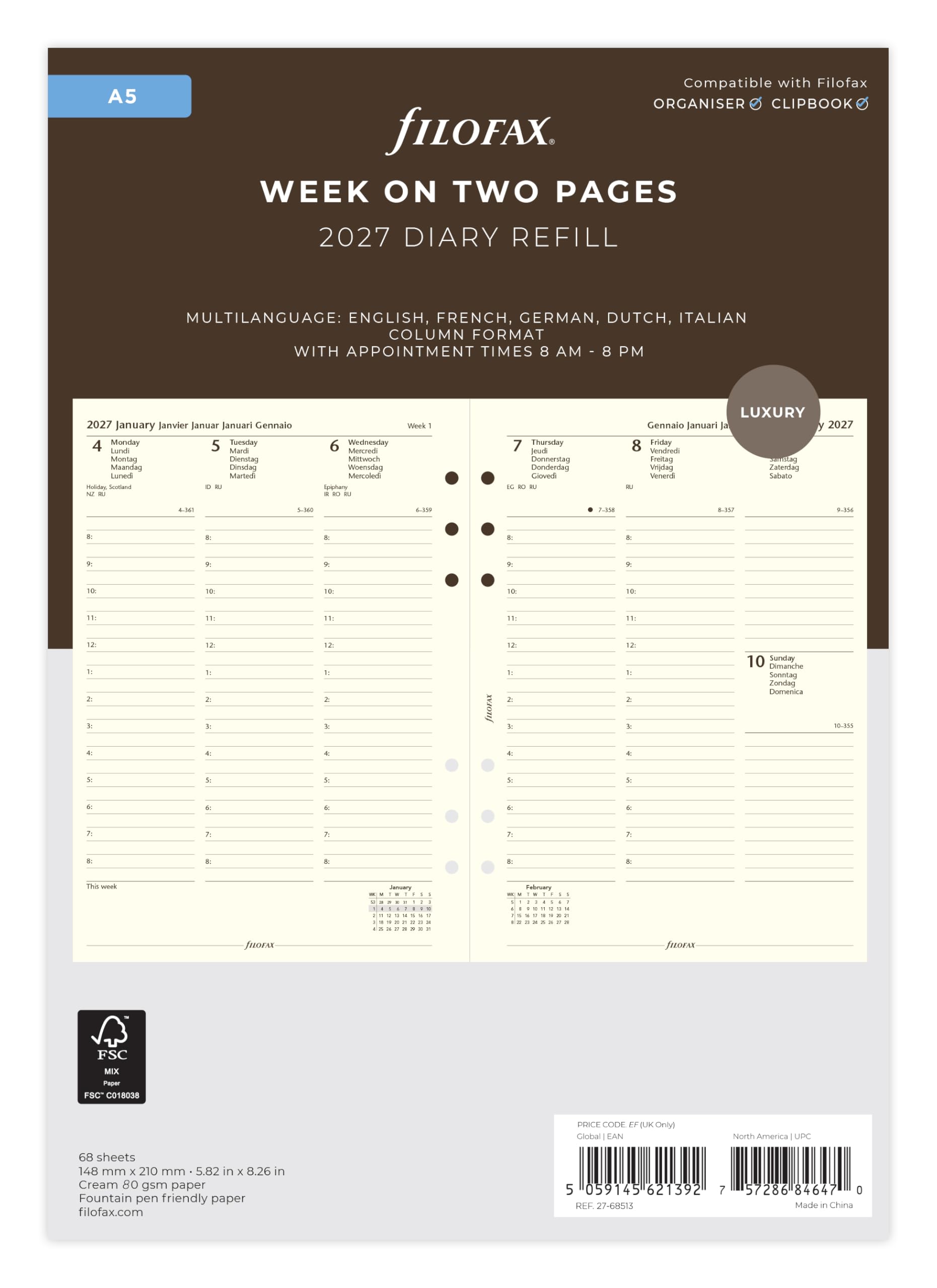 Filofax A5 Week on two pages column format 5 language 2027 diary - cotton cream 27-68513