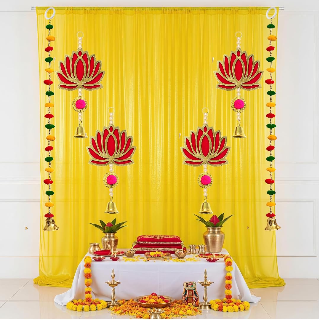 Floroom Yellow Backdrop Cloth for Decoration with Pom Pom Hangings - 8Pcs Haldi Decoration Items for Home Decor, Haldi Backdrop Decorations Set, Pooja, Wedding, Festive Decor (Haldi_45)