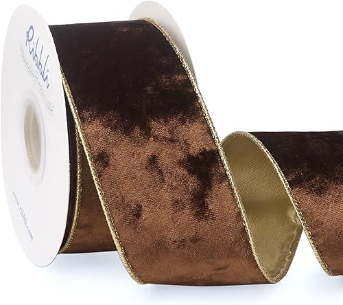 Vista 30 de Ribbli - Cinta de terciopelo dorado verde oscuro metálico con alambre de 2.5 pulgadas, cinta navideña de terciopelo arrugado para envoltura, decorar