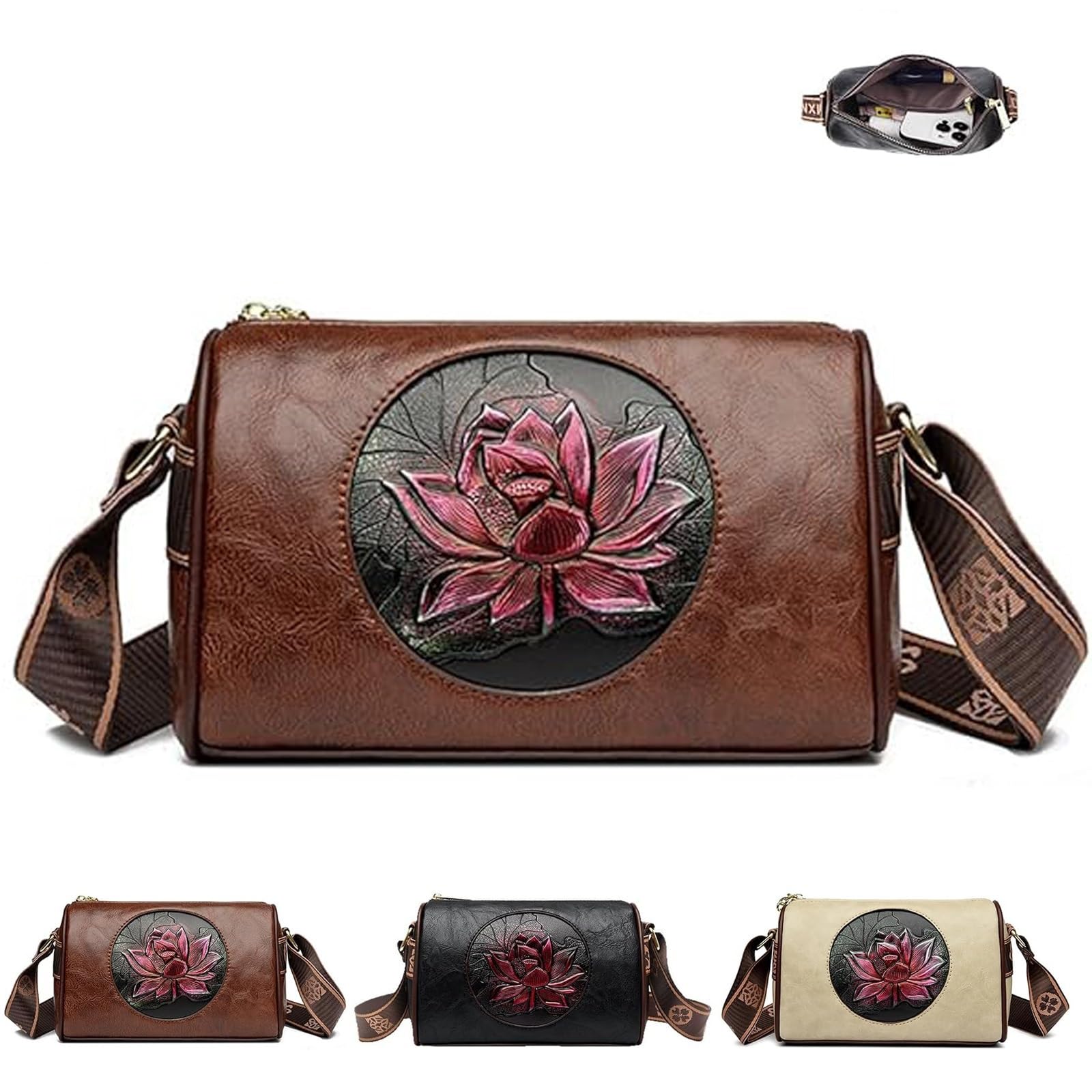 Women Vintage Lotus Crossbody Bag, Oriental Lotus Flower Handbags Purse, Fashion Casual Messenger Tote Bags for Women Gifts