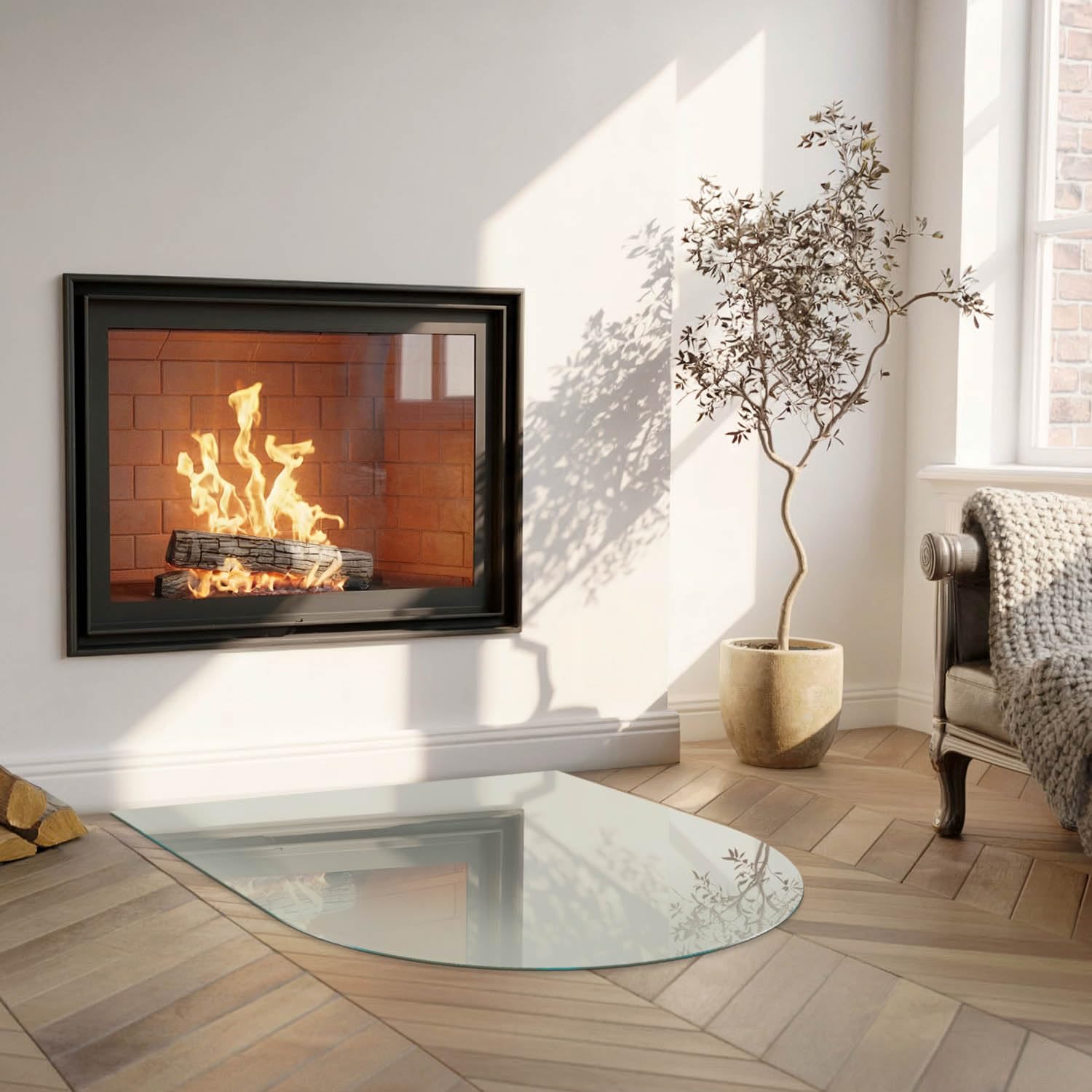Piastra del Camino per il Soggiorno 100x100 cm di Vetro Temperato Protezione del Pavimento Resistente a Scintille Design Elegante Arco Resistente alle Alte Temperature - Colore Grigio-verde