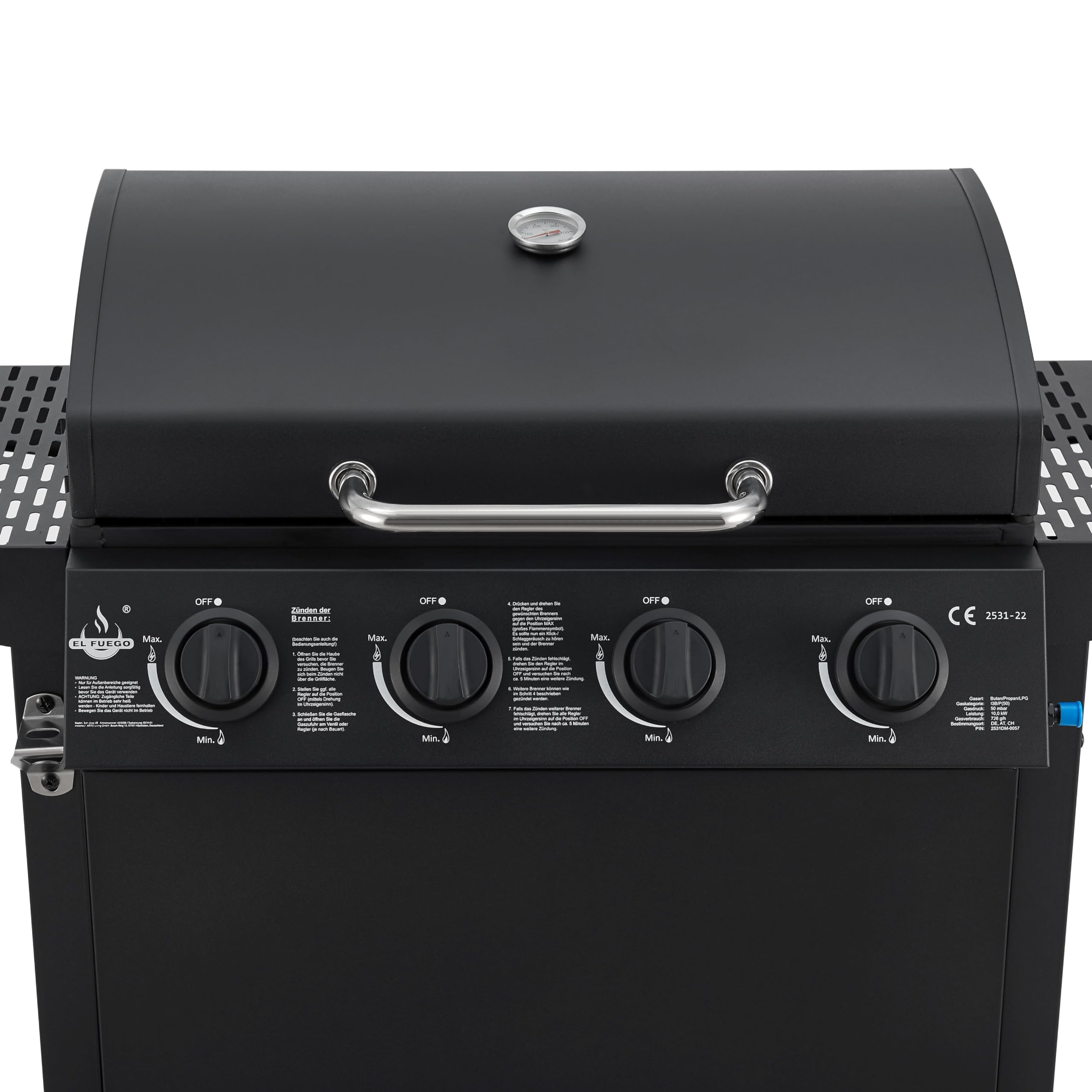 Gasgrill "San Jose 4 Brenner" von El Fuego® | inkl. Gasschlauch und Druckminderer | Grillrost aus Gusseisen | mit Thermometer und großen Seitenablagen | Grill BBQ | AY0206