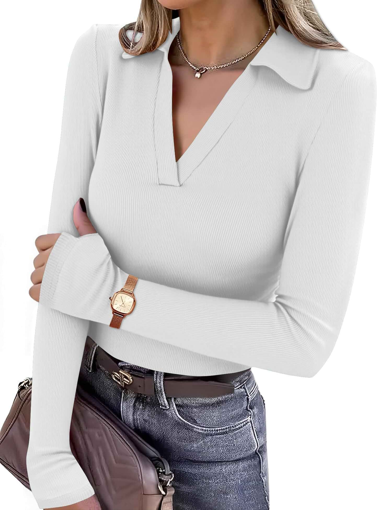 LOMON Womens Pullover Sweaters Y2K Going Out Tops Deep V Neck Polo Shirt Thumb Holes Ribbed Long Sleeve Tops for Women Long Sleeve