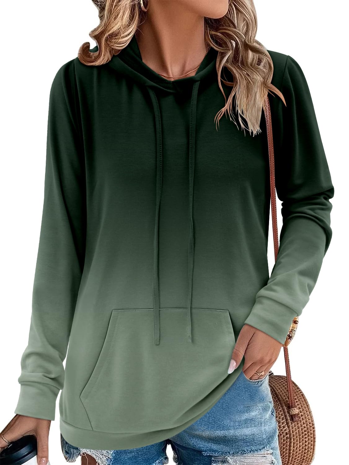 onlypuff Womens Long Sleeve Pullover Hoodie Sweatshirts Casual Tunic Tops Pocket Shirts