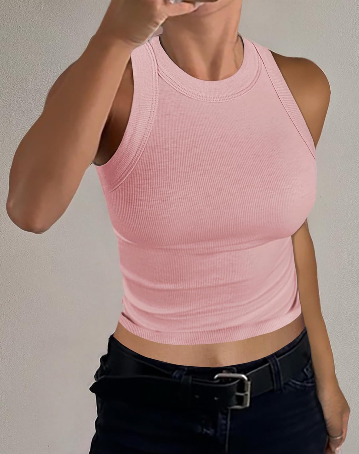 GEMBERA Womens Sleeveless High Neck Racerback Ribbed Knit Fitted Basic Cotton Cropped Tank Top - Image 7