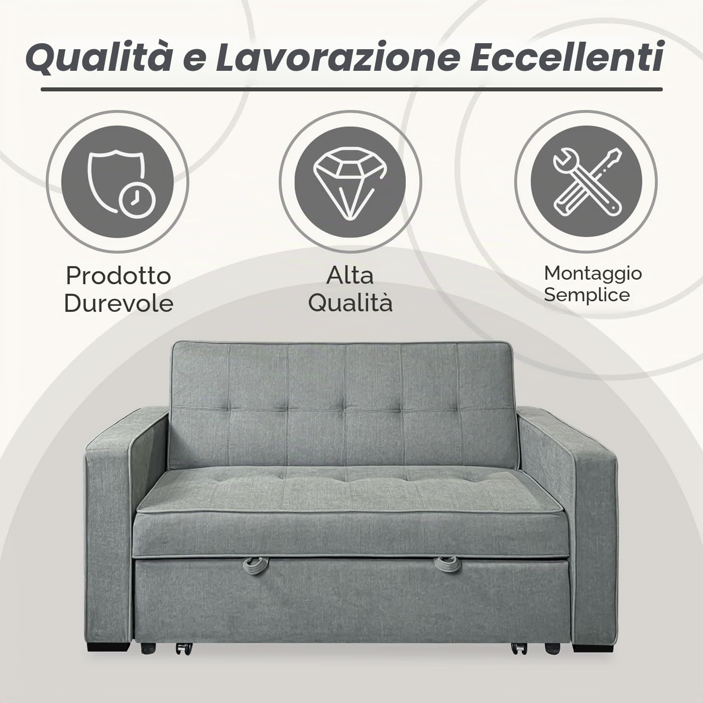 Somnia Descanso - Divano letto a 2 posti modello Volga, design moderno ed elegante | pratico e funzionale, con braccioli, grigio