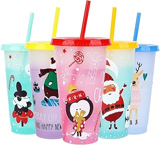 5 Pcs Christmas Drink Cup 710ml Xmas Iced Coffee Cup Christmas Party Color Changing Cups Set with Lids and Straws Santa Claus Snowman Reindeer Gingerbread for Christmas Party Kids Favors (Color A)