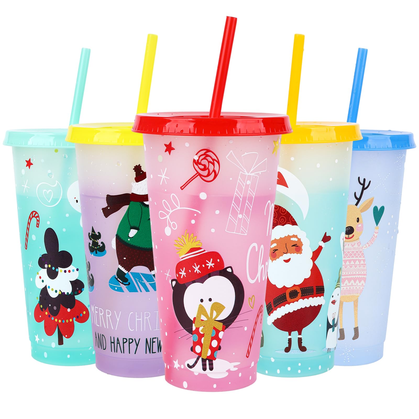 5 Pcs Christmas Color Changing Cup Set with Lids and Straws for Iced Coffee, Santa Claus, Snowman, Reindeer, Gingerbread (Color A)