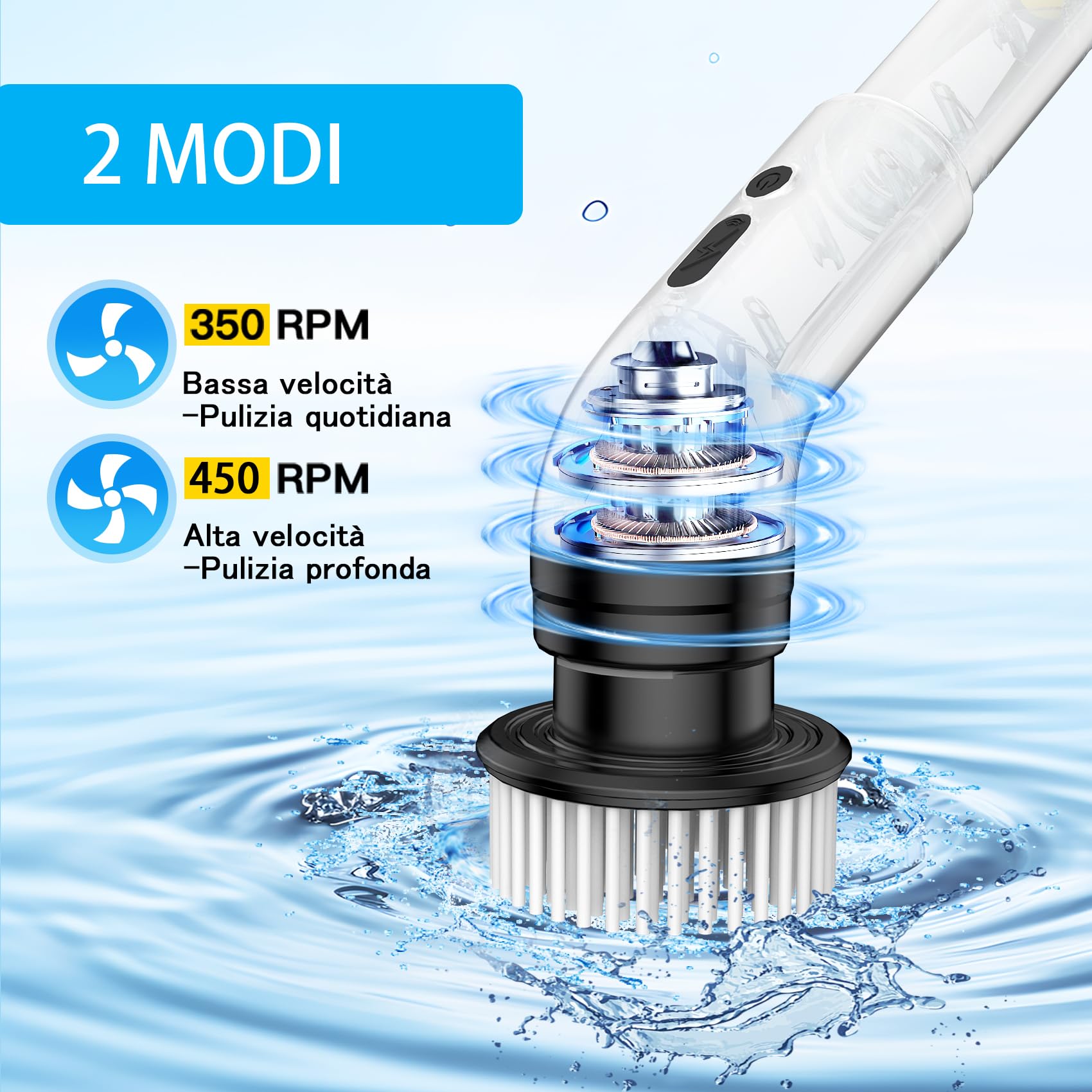 Spazzola elettrica per la pulizia, 9 in 1, spazzola elettrica per la pulizia domestica, 2 modalità, Spin Scrubber Electric Cleaning Brush con 34-130 cm, spazzola per il bagno (White)