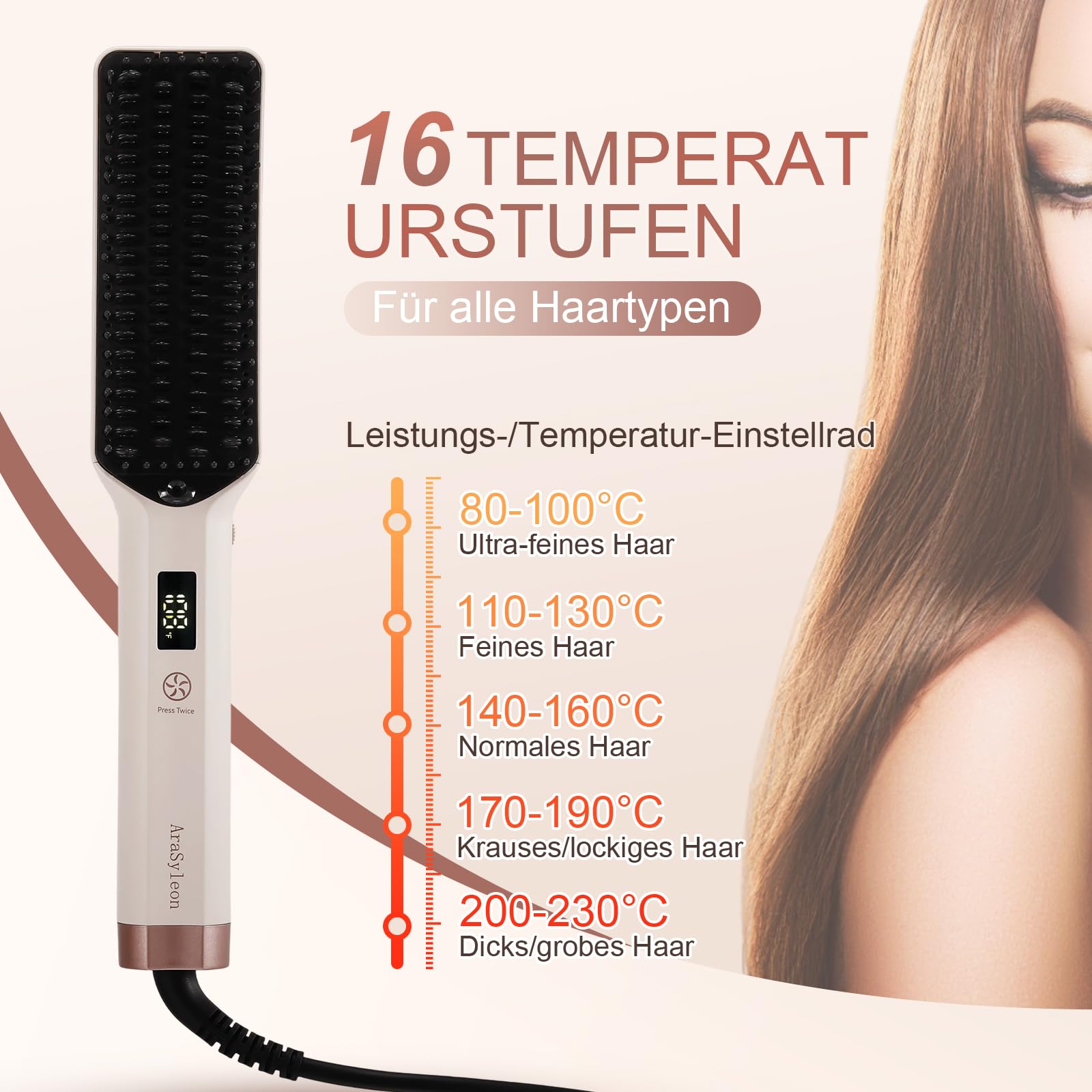 Ionen-Glättbürste langes Haar, 16 Stufen 80–230°C, Dual Voltage | Keramik Ionen Haarglätter Bürste mit dichter Borste & Airflow, 360° Dreh-Kabel, Anti-Verbrühungs