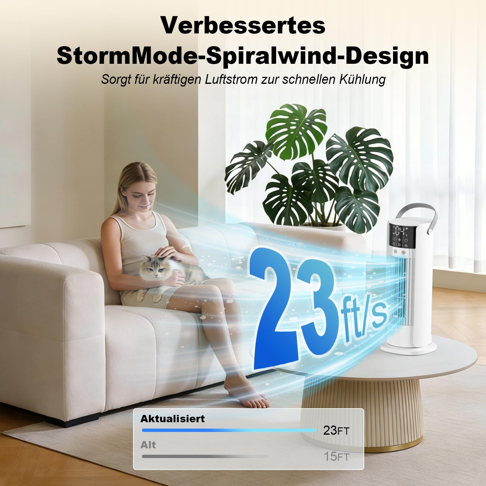 Mobile Klimaanlage 4-in-1 Luftkühler mit Wasserkühlung, 900ml Tank, 3 Gebläsestufen, 90° Oszillation, LED-Display, Leise