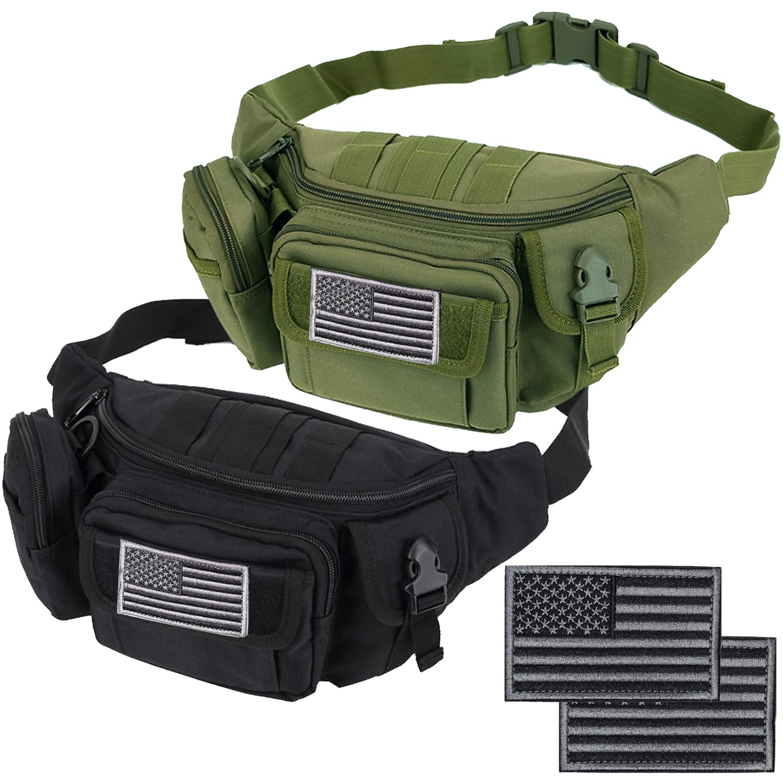 Tactical Fanny Packs, Military Waist Bag Utility Hip Belt Bags for Hiking Climbing Fishing Cycling Hunting with U.S Patch (Green+Black)