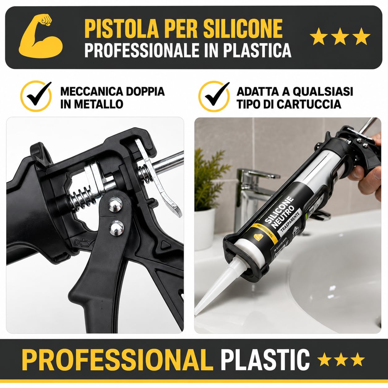 Boldrini Pistola per Silicone Anti-Goccia, per Cartucce Silicone, Acrilico e Sigillanti, Struttura Leggera in Plastica Alto Spessore, Meccanica in Metallo, Pressione fino a 123 kg