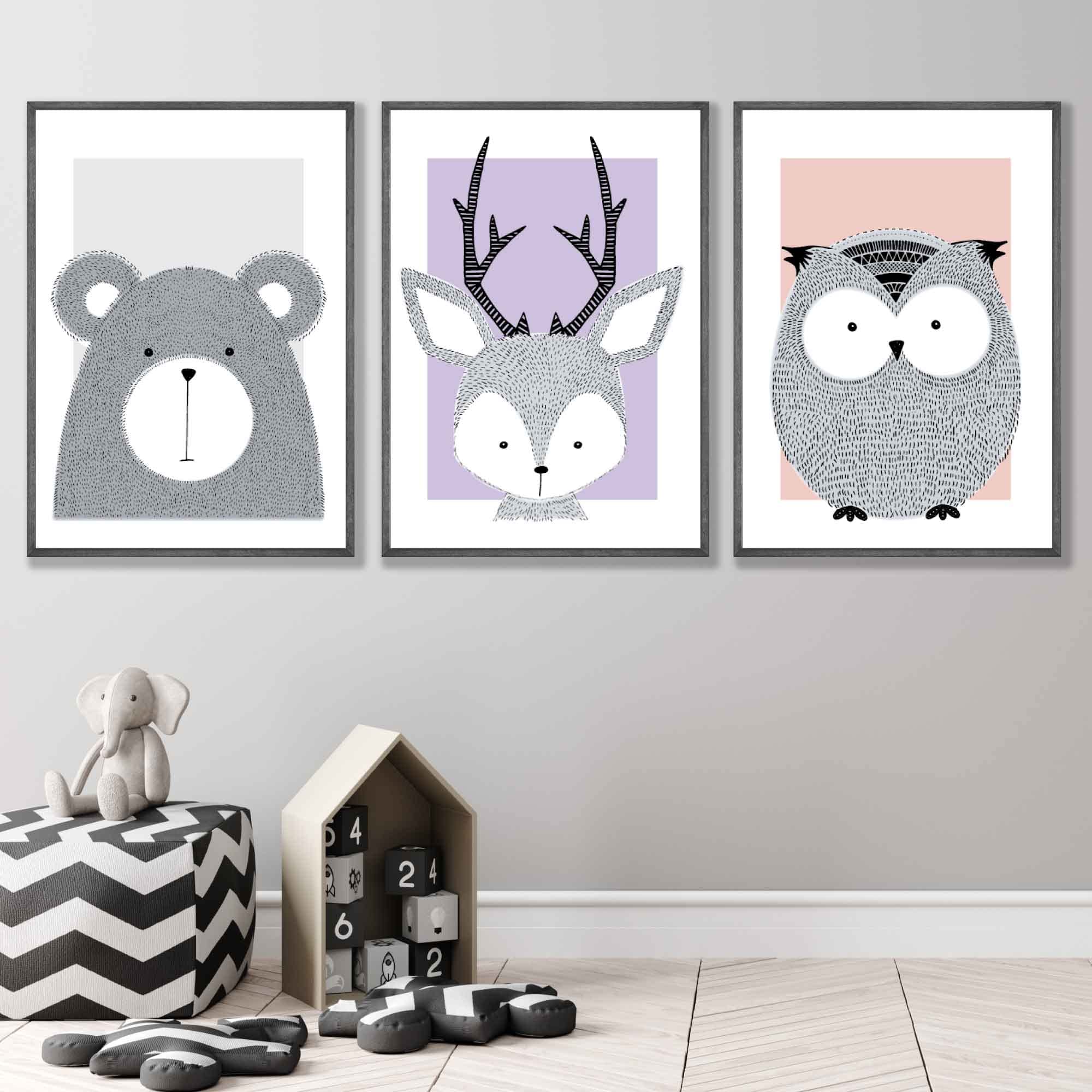 Ensemble de 3 impressions d'art pour chambre d'enfant animaux forêt lilas 30x40 cm