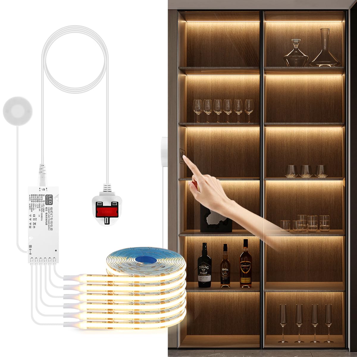 tlinkosta Cabinet Light COB LED Strip Lights 6-in-1 Dimmable Touch Control for Display Cabinets, Wardrobes, Kitchen, Wine Cabinets, Showcase & Shelf Lighting (Warm Light, 6.6ft)