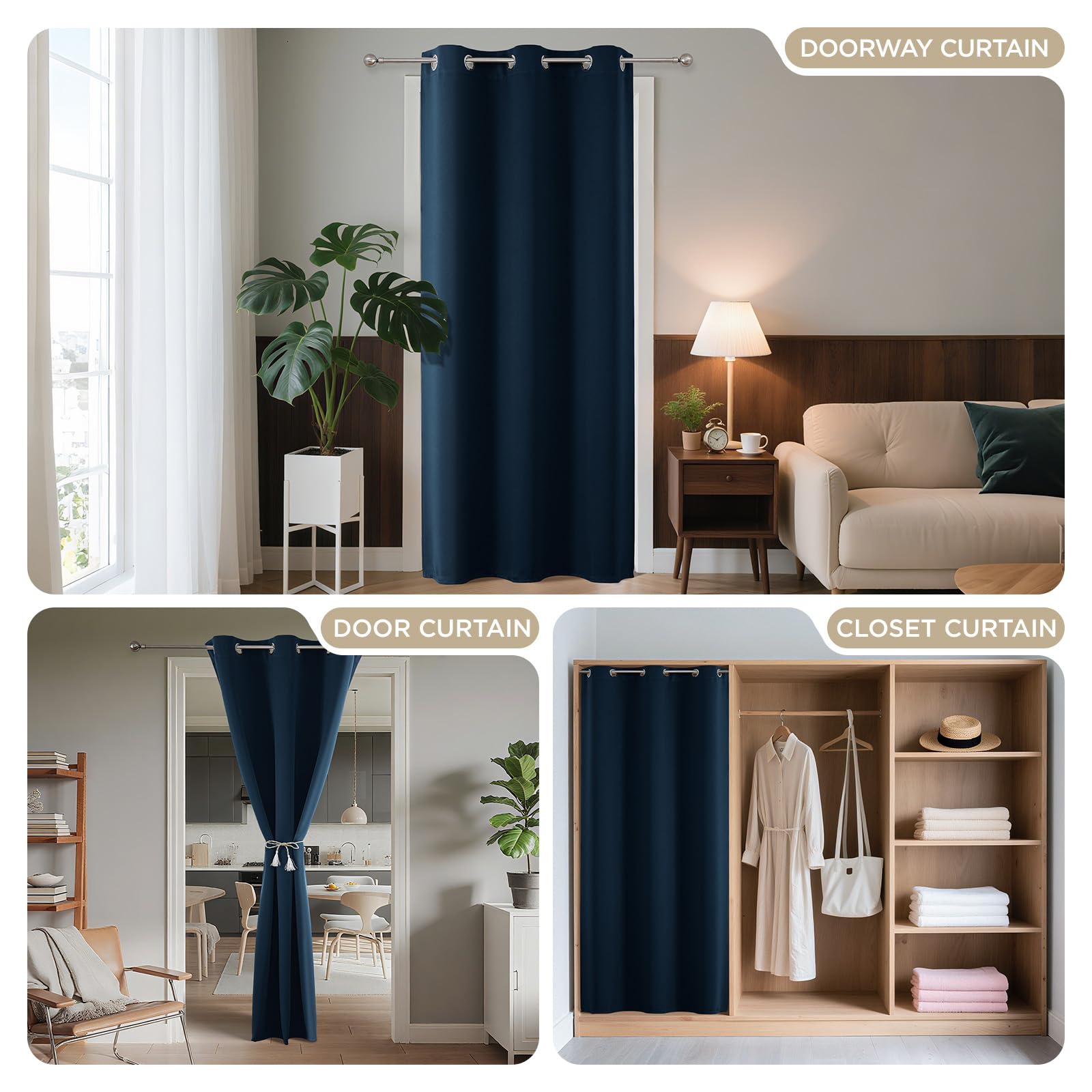 Joydeco Rideaux de porte de placard pour chambre à coucher, porte de placard, rideaux de porte bleu marine pour portes d'intimité, chambre à coucher, tissu dense au toucher lisse