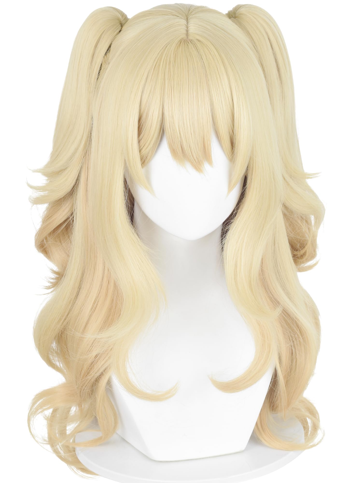 Half and Half Blonde Curly Ponytail Anime Wig with Bangs 27.5'' Blonde Twin Tail Wigs