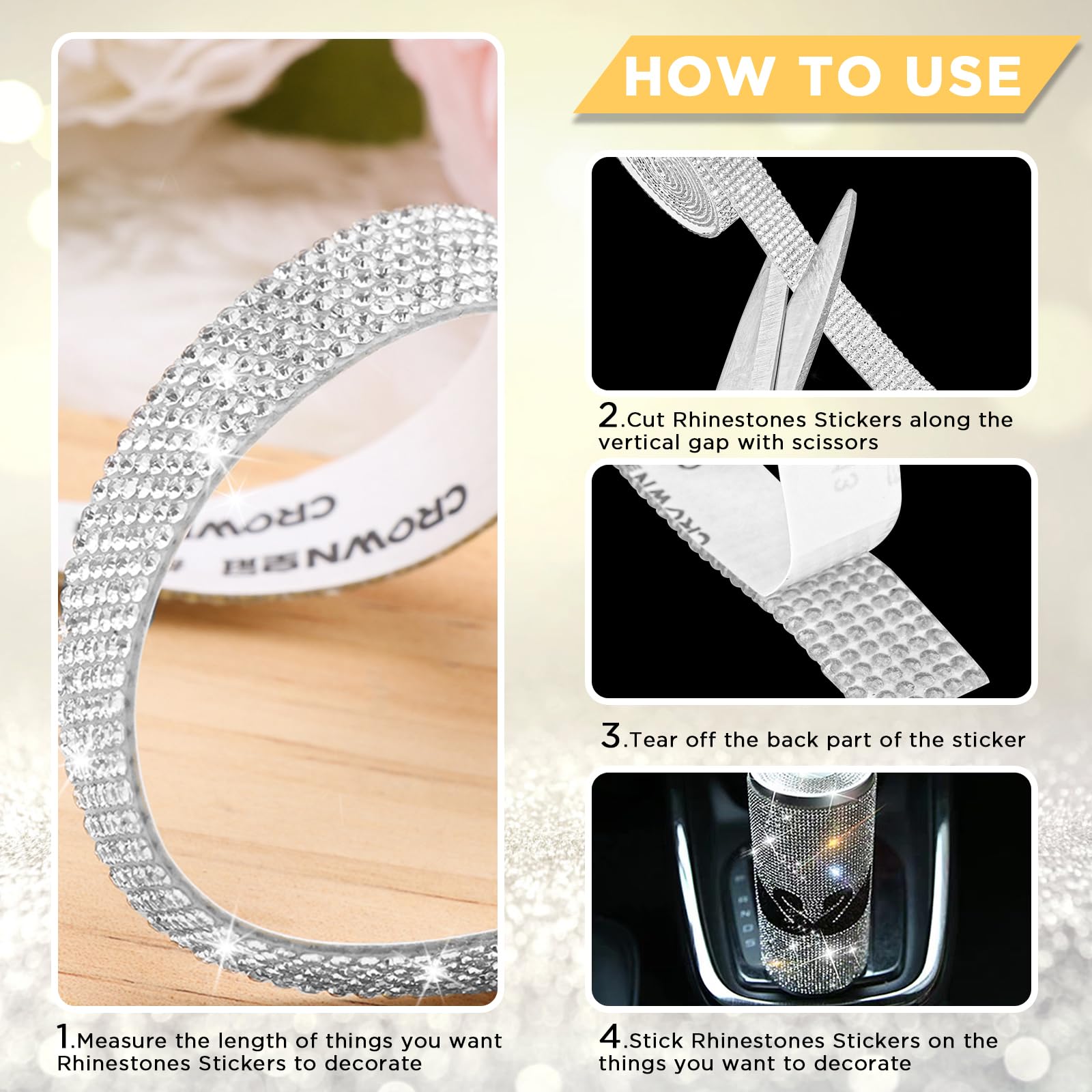 4 Rotoli Nastro Di Strass Glitter 1 Metro Larghezza 0,9 Cm - Adesivo Diamantato Per Decorazioni Fai Da Te E Artigianato - 5