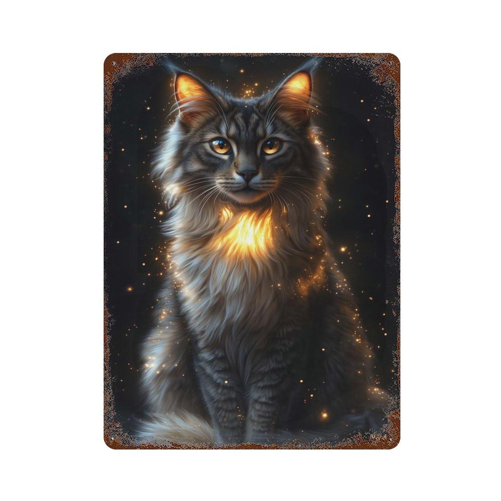 Weathered Tin Sign with Golden Glow Maine Coon - Mystical Cat Art - Enchanted Feline Portrait Design 15.7"x11.8", for Basement, Hobby Room And Garage Decor, Industrial Home Decor