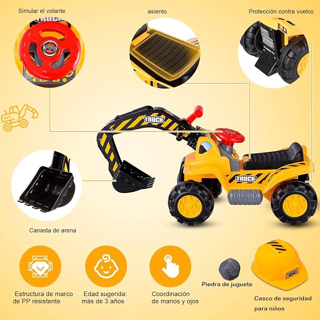 Foto 4 de 8 de COSTWAY Excavadora Juguete de Niños con Asiento Ruedas y Casco Juego de rol Tractor Infantil con Pala…