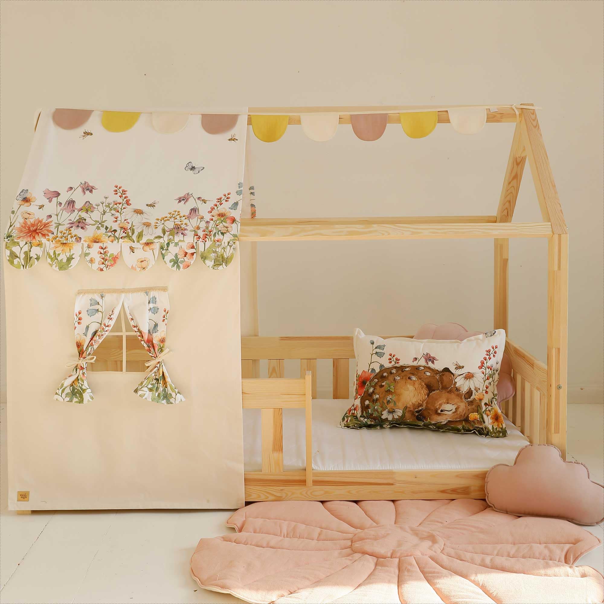 Moi Mili Dosel de cama con aspecto de casa, cortina de flores silvestres, 350 x 100 cm, dosel en forma de casa con ventana para cama infantil, decoración de cama, dosel de la casa, habitación infantil