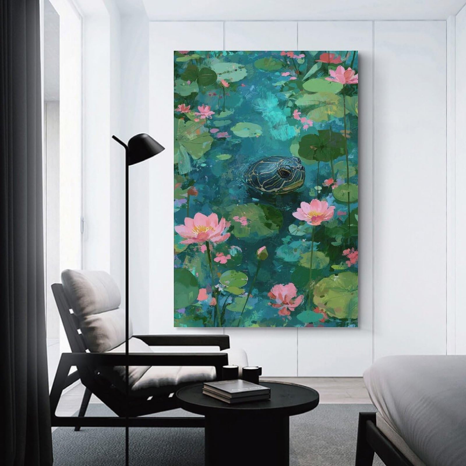 Junmoney Wall Picture Print Turtle in A Lily Pond Painting, 24x36inch(60x90cm), for Apartments, Flats Or New Home Decor, A Simple Refresh for Blank Walls