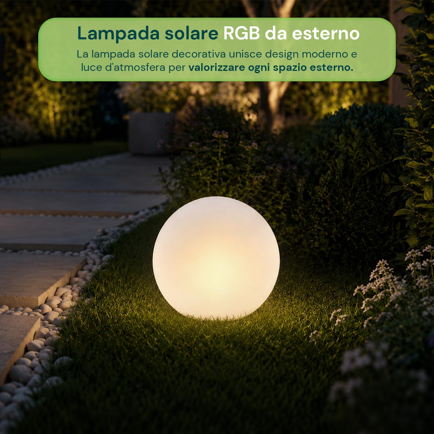 Sfera Solare da Giardino LED RGB + Bianca ø25 cm – Luci Solari da Esterno Decorative, 16 Colori, Telecomando IR, Picchetto Incluso, IP44, Batteria Li-ion