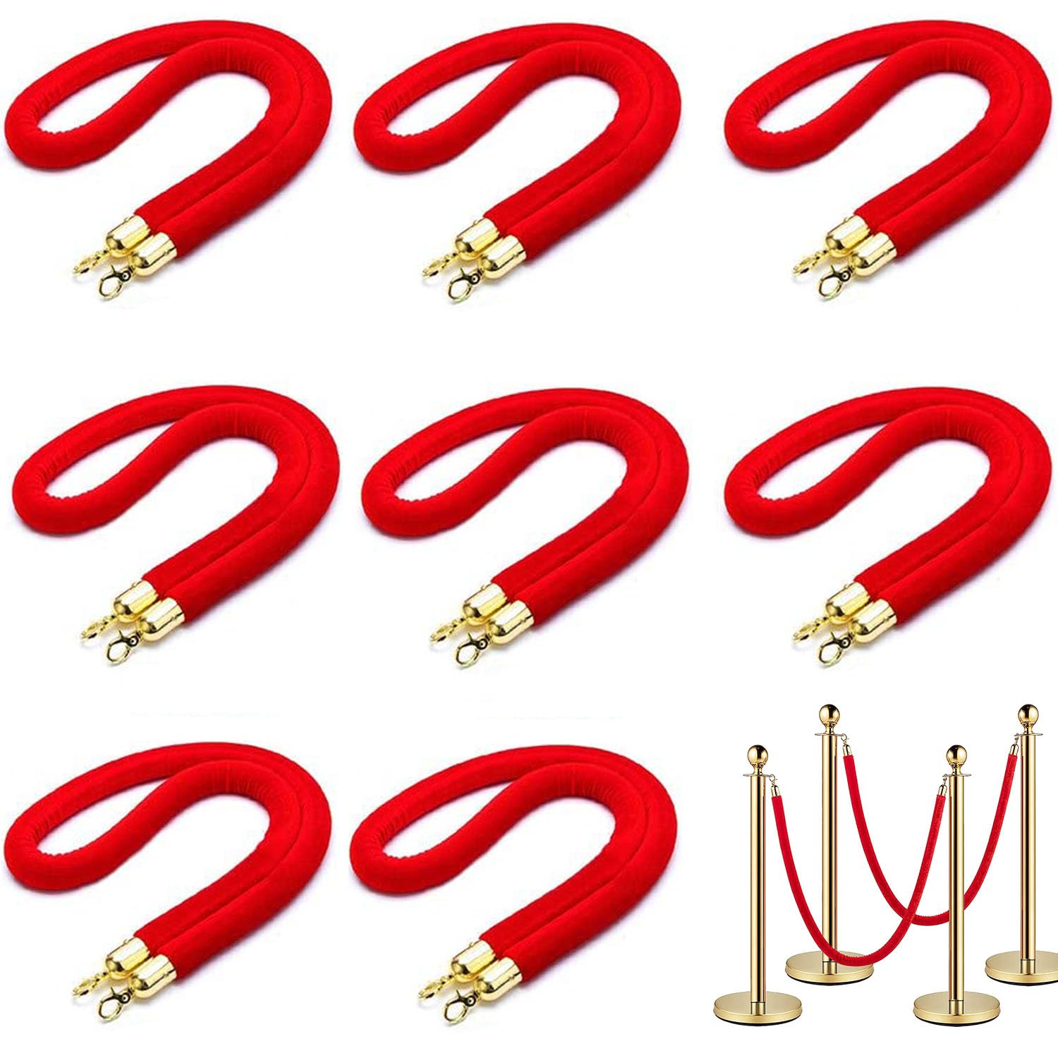 8 pcs Red Velvet Stanchion Rope, 6 Feet Crowd Control Safety Barriers with Polished Gold Hooks, Thick Stanchion Queue Barrier Rope for Carpet Events Movie Theaters Grand Openings