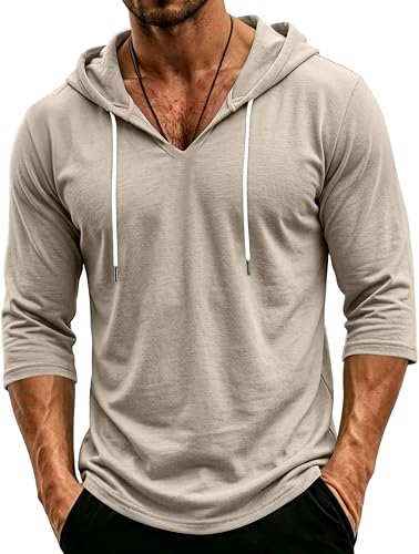 Men's Cotton Linen Hoodies Stretchable Oversized Drawstring Cotton Pullover 3/4 